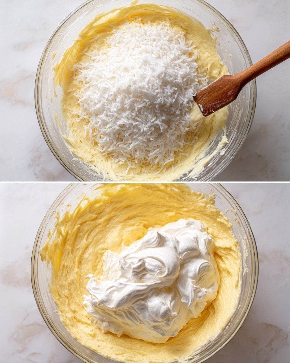 The image shows two close-up views of a mixing bowl with a creamy yellow batter as the base layer. In the left view, a thick white layer of shredded coconut is being added on top of the batter. In the right view, fluffy white egg whites are being folded into the yellow batter, creating a soft and airy texture mix. Both scenes include a spatula with a wooden handle partially submerged in the mixture. The bowl is transparent, placed on a white marbled surface. Photo taken with an iphone --ar 4:5 --v 7