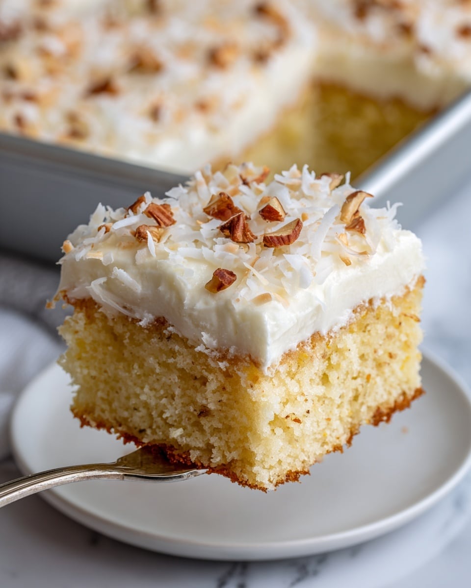 A close-up of a square piece of light yellow cake lifted by a fork. The cake has two visible layers: a thick, moist yellow base with tiny bits inside and a smooth, creamy white frosting layer on top. The frosting is decorated with white shredded coconut and small brown nut pieces scattered evenly. The background shows more pieces of the same cake in a pan, all on a white marbled surface. Photo taken with an iphone --ar 4:5 --v 7