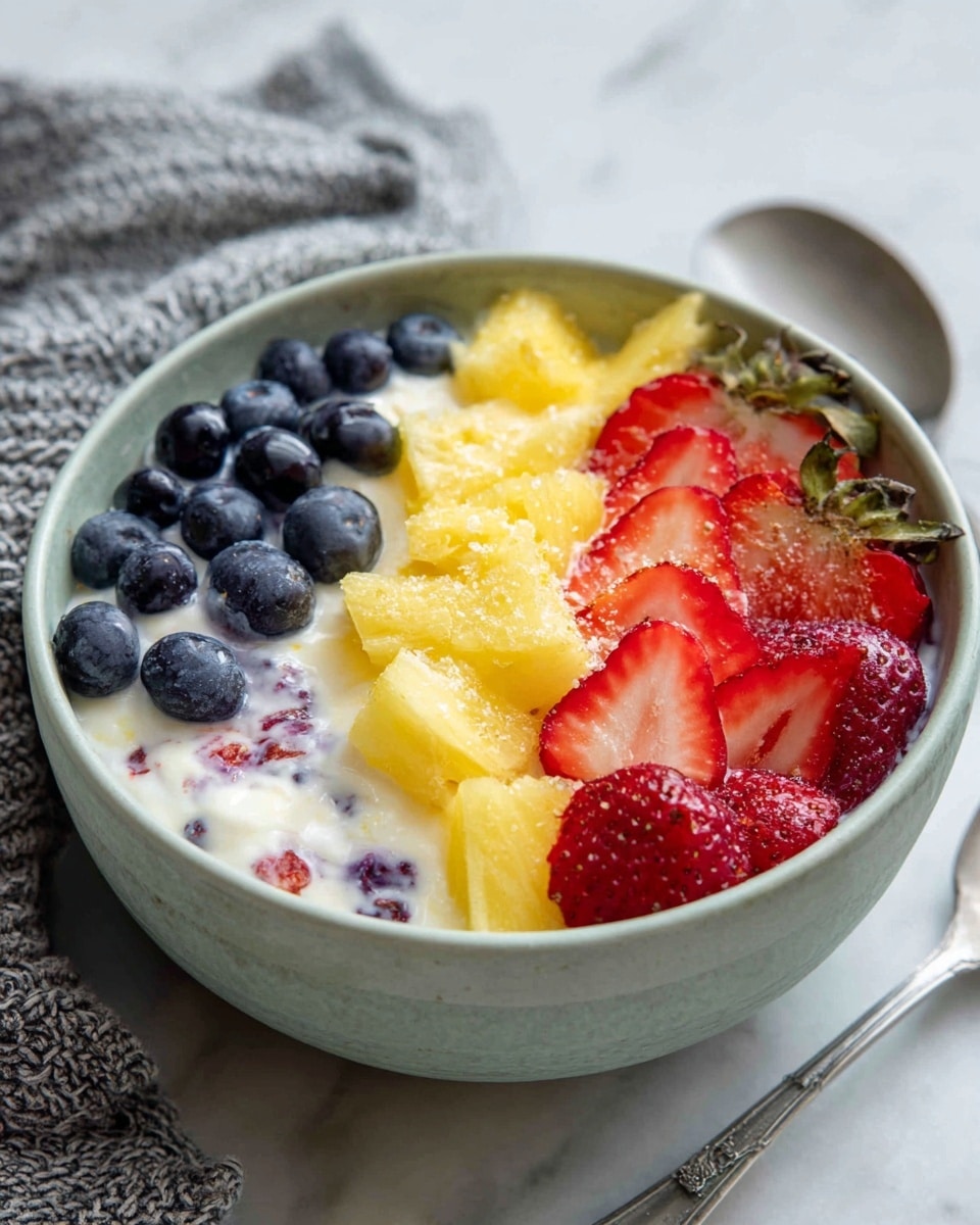 A close-up of a light green bowl filled with three layers: the bottom layer is white creamy yogurt mixed with small berry pieces, the middle layer shows whole blueberries and sliced strawberries, and the top layer has bright yellow pineapple chunks and a few whole blueberries and strawberry halves, all on a white marbled surface with part of a gray textured cloth and a silver spoon visible at the bottom edge, photo taken with an iphone --ar 4:5 --v 7