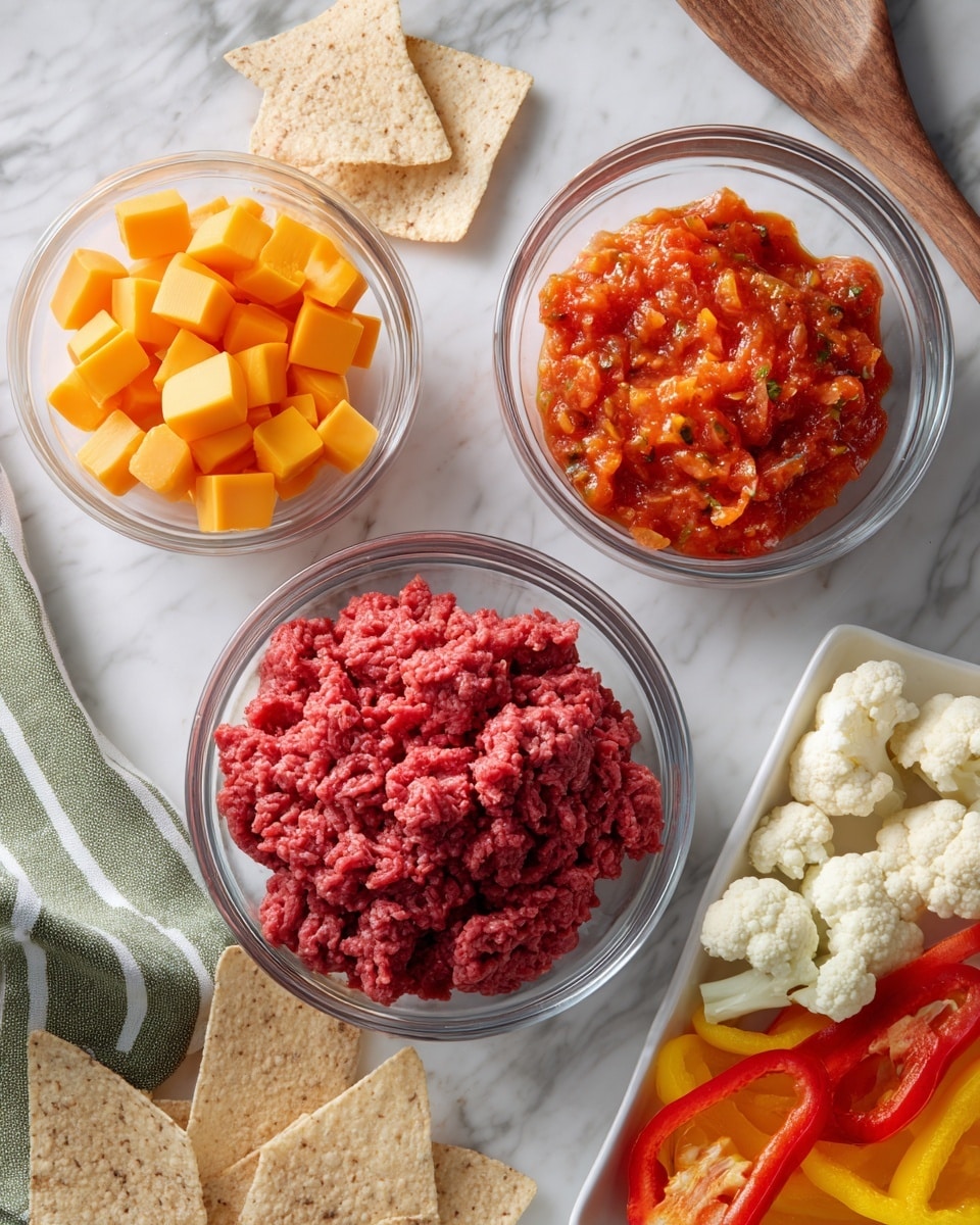 The image shows three clear glass bowls arranged on a white marbled surface. The top left bowl contains small cubes of orange Velveeta cheese, smooth and shiny. To the right, a bowl is filled with a chunky red mixture of Ro*tel tomatoes, showing bits of tomato and seeds. Below these, a larger bowl contains raw ground beef, deep red with a slightly rough texture. Around the bowls are beige tortilla chips scattered on the marble, and a green and white striped cloth napkin is partially visible on the left. At the bottom right corner, there is a white rectangular dish containing sliced yellow, red, and green bell peppers along with some cauliflower pieces. A wooden spoon lies near the top right of the image. photo taken with an iphone --ar 4:5 --v 7