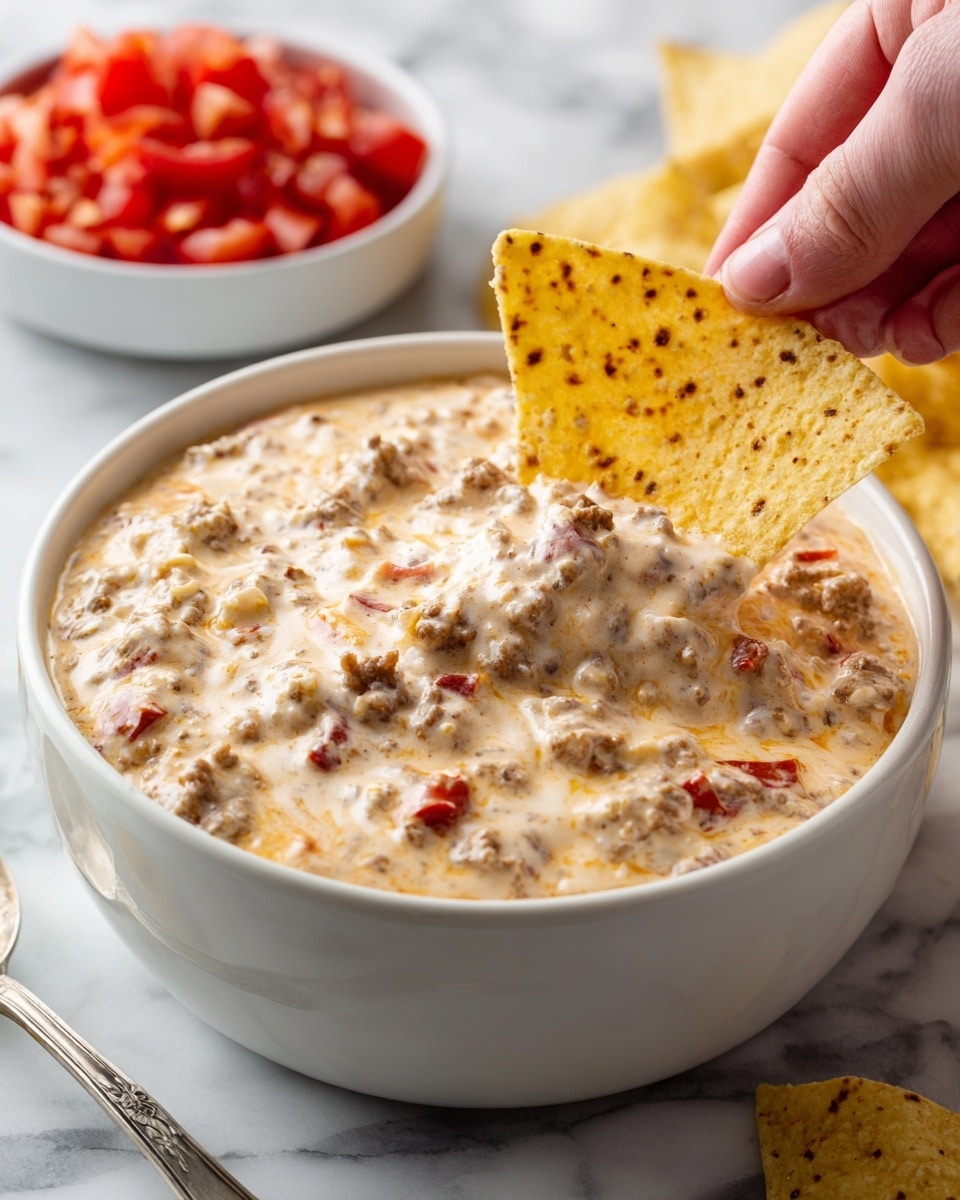 A white bowl filled with creamy cheese dip mixed with small pieces of meat and visible chunks of red peppers. A woman's hand is holding a large light yellow tortilla chip with brown spots, dipping it into the thick, smooth, and slightly shiny dip. In the background, there is a white bowl with bright red chopped tomatoes and a spoon, all placed on a white marbled surface. photo taken with an iphone --ar 4:5 --v 7