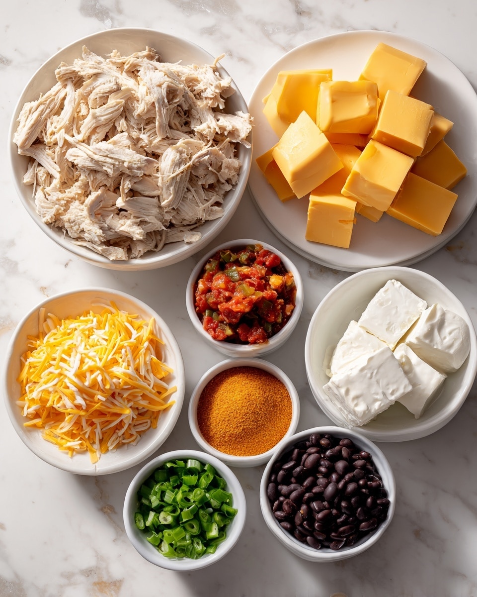 The image shows a collection of white bowls and plates with different ingredients arranged on a white marbled surface. The largest bowl, positioned at the top left, holds shredded cooked chicken with a light beige color and fibrous texture. Below it is a white plate filled with bright yellow cubes of Velveeta cheese and several blocks of soft white cream cheese. To the right of the chicken bowl are smaller white bowls containing vibrant orange taco seasoning powder, smooth white sour cream, a mix of red and orange chunky Rotel tomatoes, and black beans with a shiny texture. In front of the seasoning and sour cream are two tiny white bowls with finely chopped bright green onions and chopped jalapeno peppers, adding fresh green color. All ingredients are clearly separated, arranged neatly with no overlap, on the white marbled background. Photo taken with an iphone --ar 4:5 --v 7