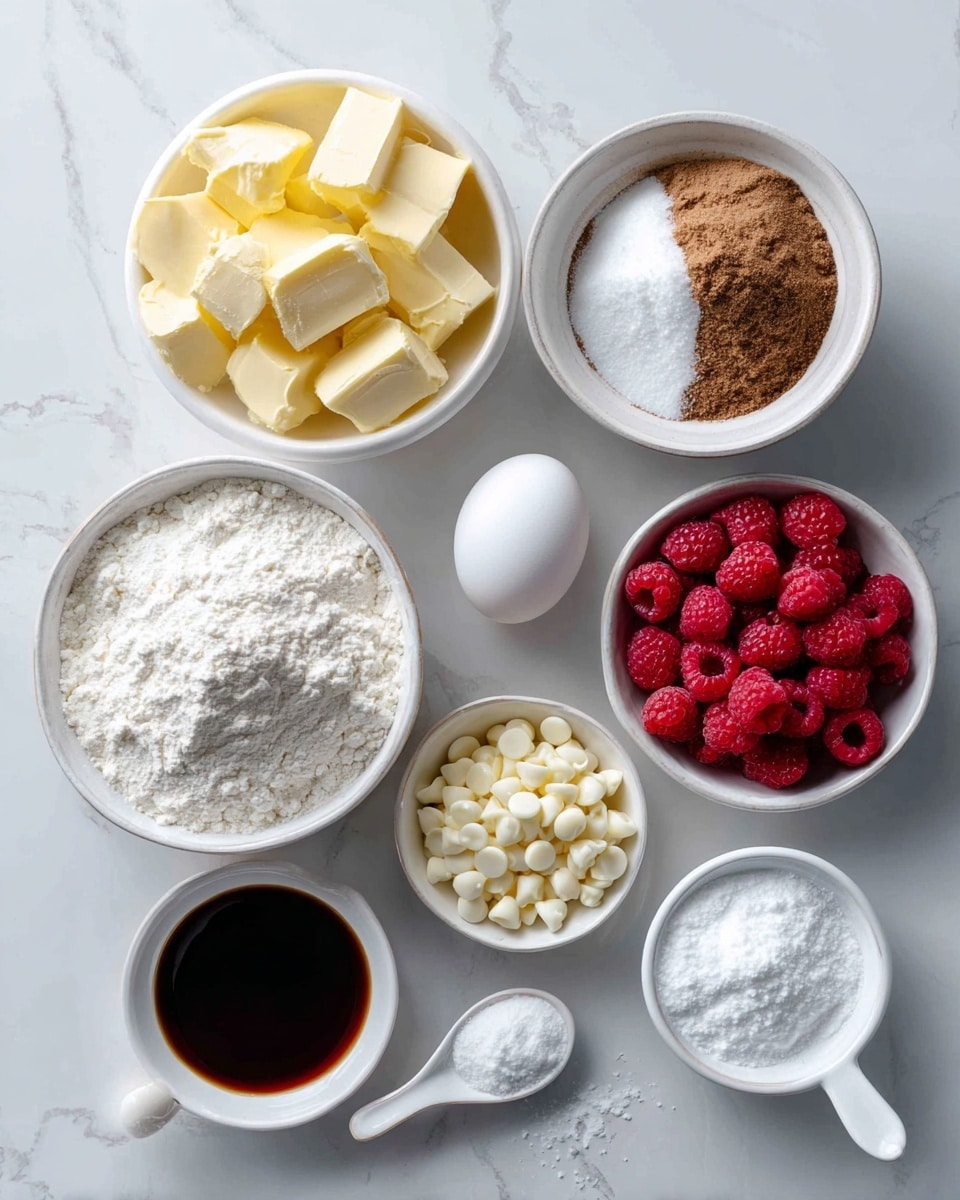 Several white bowls on a white marbled surface hold different ingredients for baking. One bowl contains yellow butter chunks, another has white sugar and brown sugar mixed side by side. There is a bowl filled with plain flour and another with red raspberries. A smaller bowl near the bottom holds white chocolate chips, and a small white spoon contains dark brown vanilla extract. An egg sits in the middle of the arrangement. On the white marbled surface near the bottom right are small piles of salt, white corn starch, and white bicarbonate soda placed next to each other. photo taken with an iphone --ar 4:5 --v 7