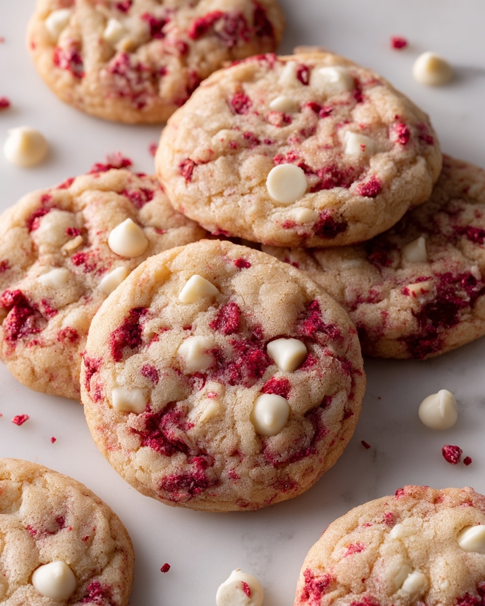 A group of soft round cookies, each with a beige light brown base and red berry bits mixed throughout, are scattered on a white marbled surface. The cookies have a slightly textured top with visible white chocolate chips embedded in the dough. Around the cookies, small dollops of white cream are placed randomly on the surface, adding contrast. The whole scene looks fresh and colorful, with the red bits standing out against the pale cookie and white background, photo taken with an iphone --ar 4:5 --v 7