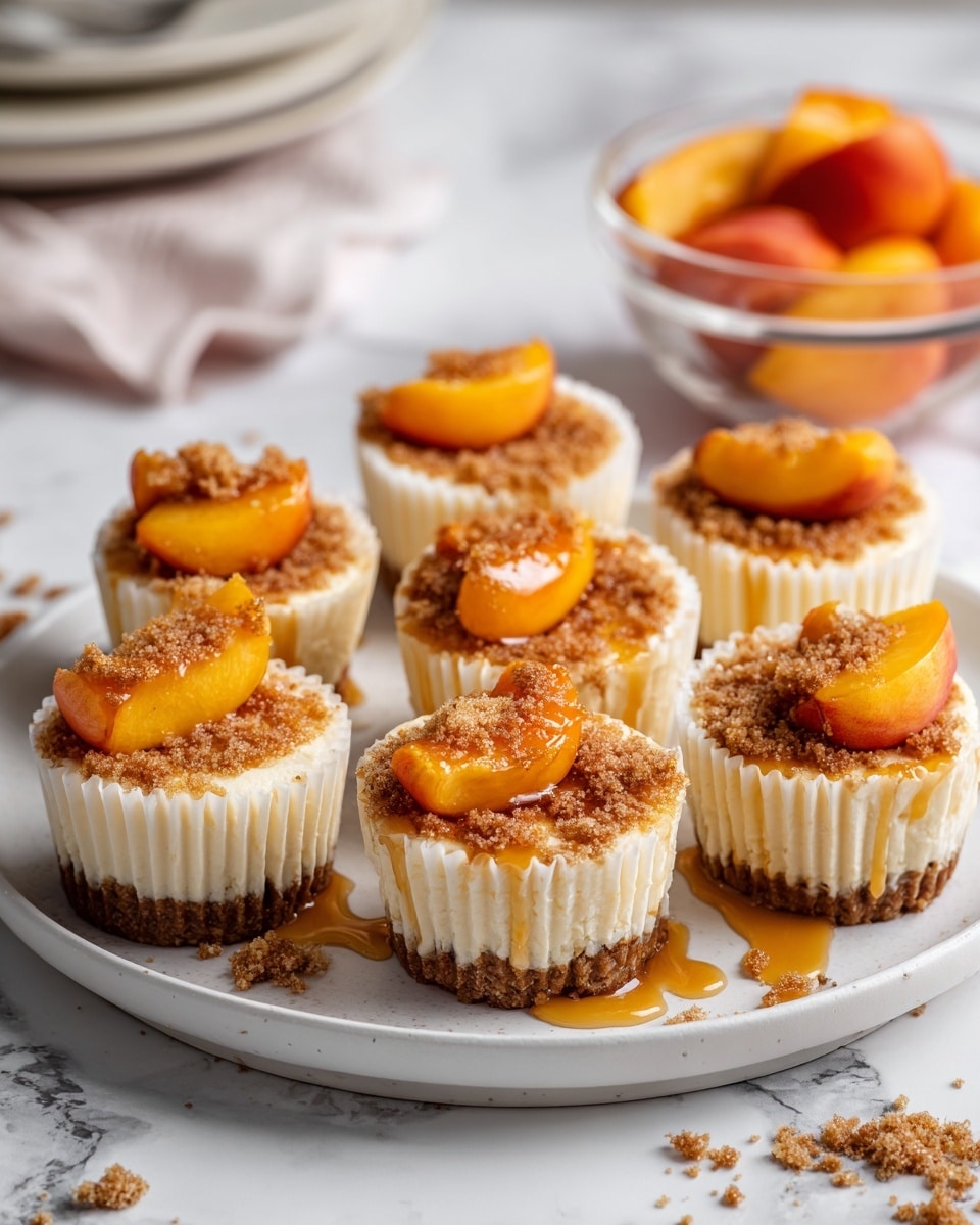 A round white plate holds eight mini cheesecakes, each wrapped in ribbed white paper cups. Each cheesecake has three visible layers: a thin brown crust at the bottom, a thick creamy pale-yellow cheesecake layer in the middle, and a topping of bright orange peach slices partially covered with crumbly light brown streusel sprinkled unevenly on top. Some syrup drips down the sides and pools slightly on the plate. The plate is set on a white marbled surface with scattered crumbs around it. In the background, there is a glass bowl with more peach slices. photo taken with an iphone --ar 4:5 --v 7