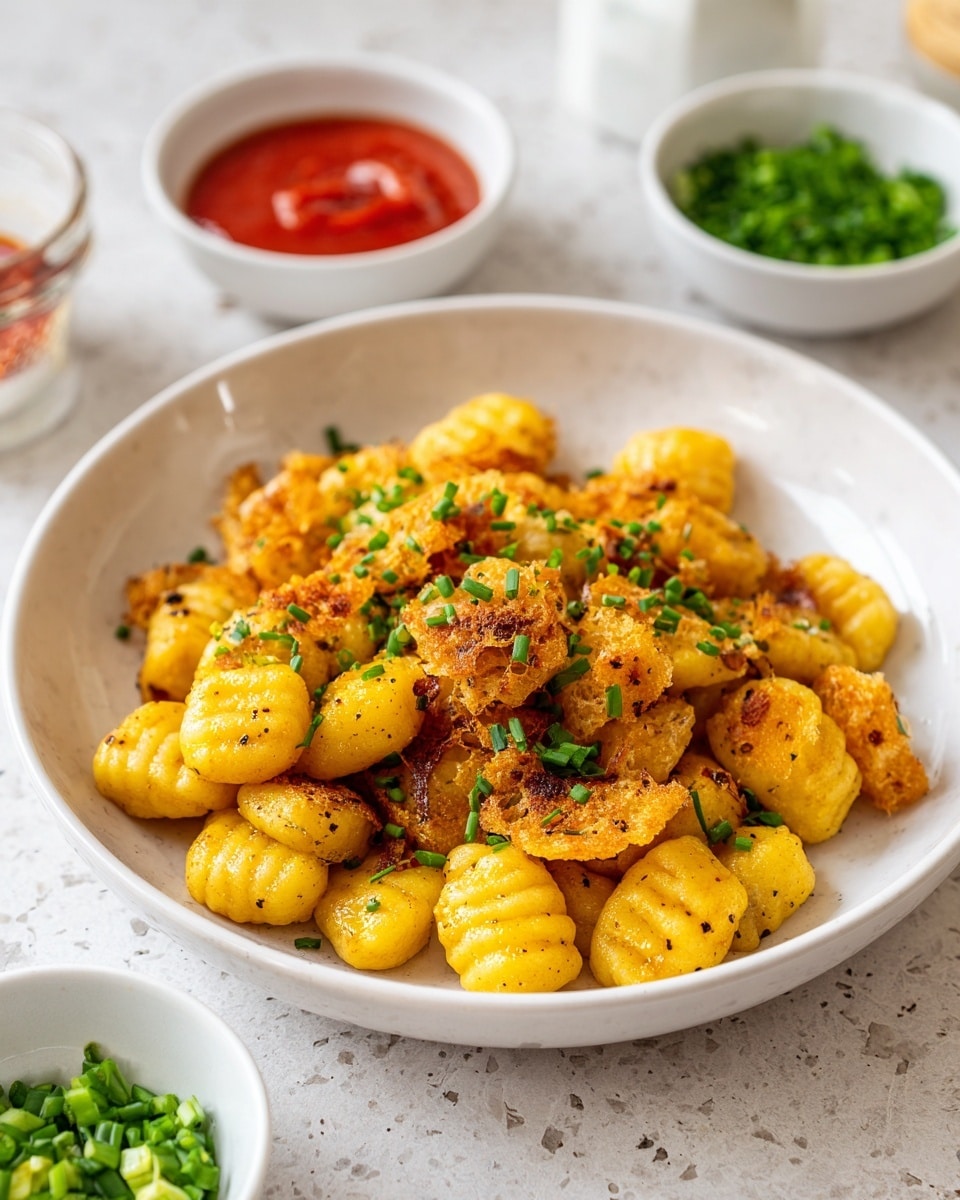 A white plate filled with small, round yellow gnocchi pieces, mixed with crispy, golden-brown cheese crisps. The dish is topped with finely chopped green chives scattered evenly over the top. In the background, there are two small white bowls, one filled with red tomato sauce and the other with chopped green chives, all placed on a white marbled textured surface. Photo taken with an iphone --ar 4:5 --v 7