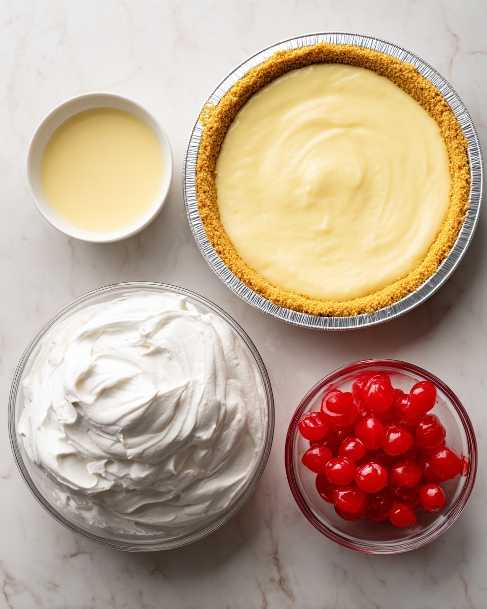 The image shows five ingredients on a white marbled surface. At the top right, there is a yellow graham cracker crust in a round aluminum pie pan. Below and to the left of the crust, there is a small bowl filled with pale yellow sweetened condensed milk. To the right of this bowl, there is a larger white container of white whipped topping with a smooth, creamy texture. Below the sweetened condensed milk, there is a small clear bowl with bright red maraschino cherries. At the bottom right.The overall scene is well lit and organized. photo taken with an iphone --ar 4:5 --v 7