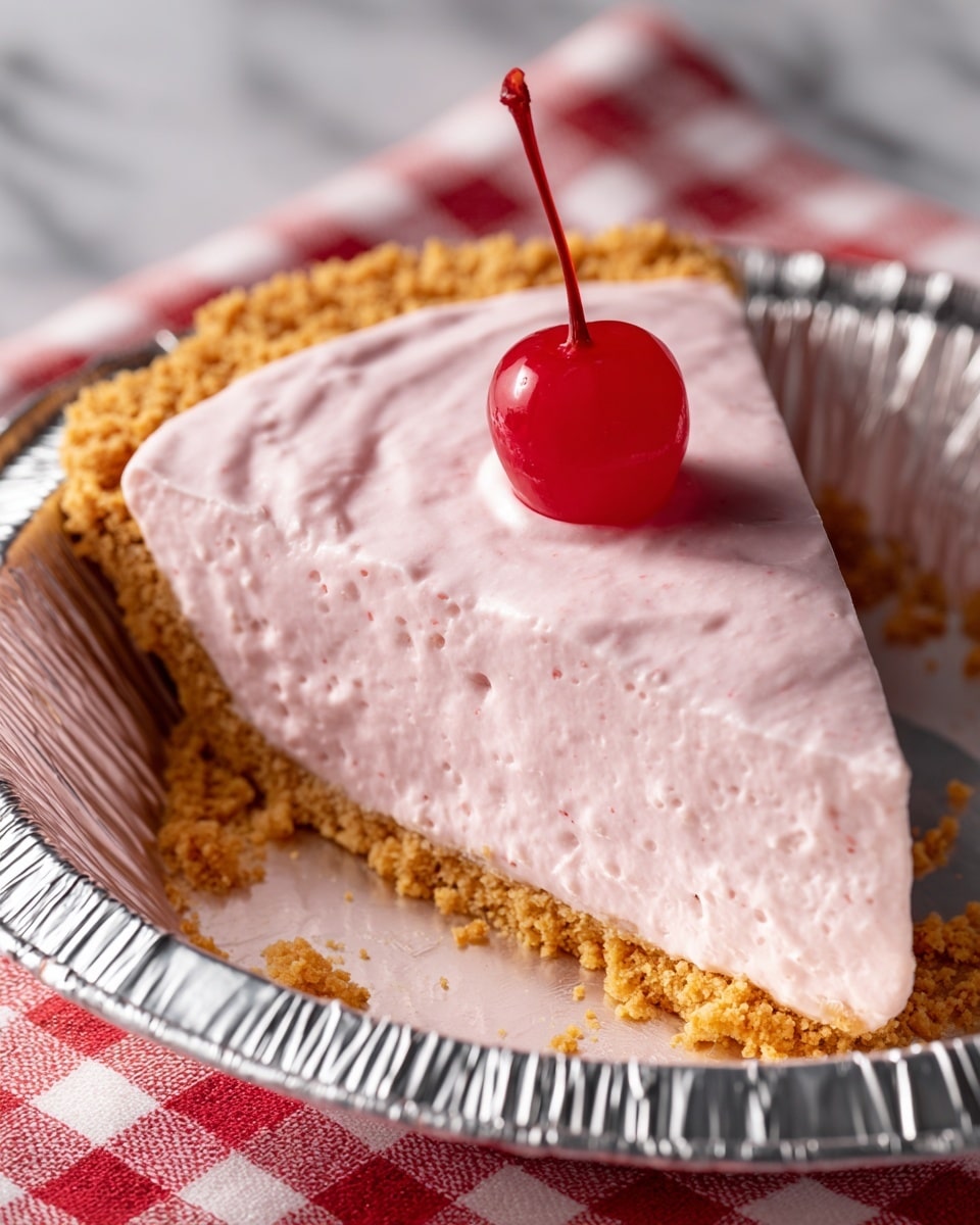 The image shows a pie with three layers: a thick golden crumb crust on the bottom, a smooth light pink creamy filling spread evenly on top, and a single bright red cherry placed in the center as decoration. The pie is in a silver foil pie dish that has a shiny crinkled edge, sitting on a white marbled surface partially covered by a red and white checkered cloth in the background. The light pink filling has a soft, slightly swirled texture that looks fluffy and smooth. Photo taken with an iphone --ar 4:5 --v 7