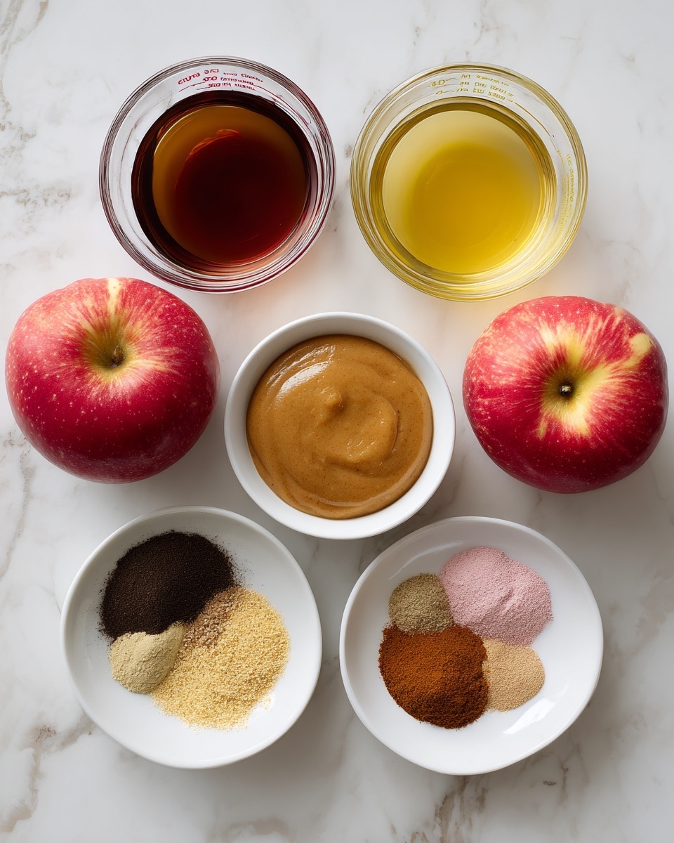 The image shows five white bowls and two red apples arranged on a white marbled surface. At the top are two transparent measuring cups, one filled with a dark brown liquid and the other with a light yellow liquid. Below them, in the center, is a white bowl holding a smooth, light brown puree. On each side of this bowl, there is a fresh red apple with red and yellow skin. At the bottom is another white bowl with five different powdered spices neatly separated by color: black, dark brown, pink, light yellow, and brown. Photo taken with an iphone --ar 4:5 --v 7