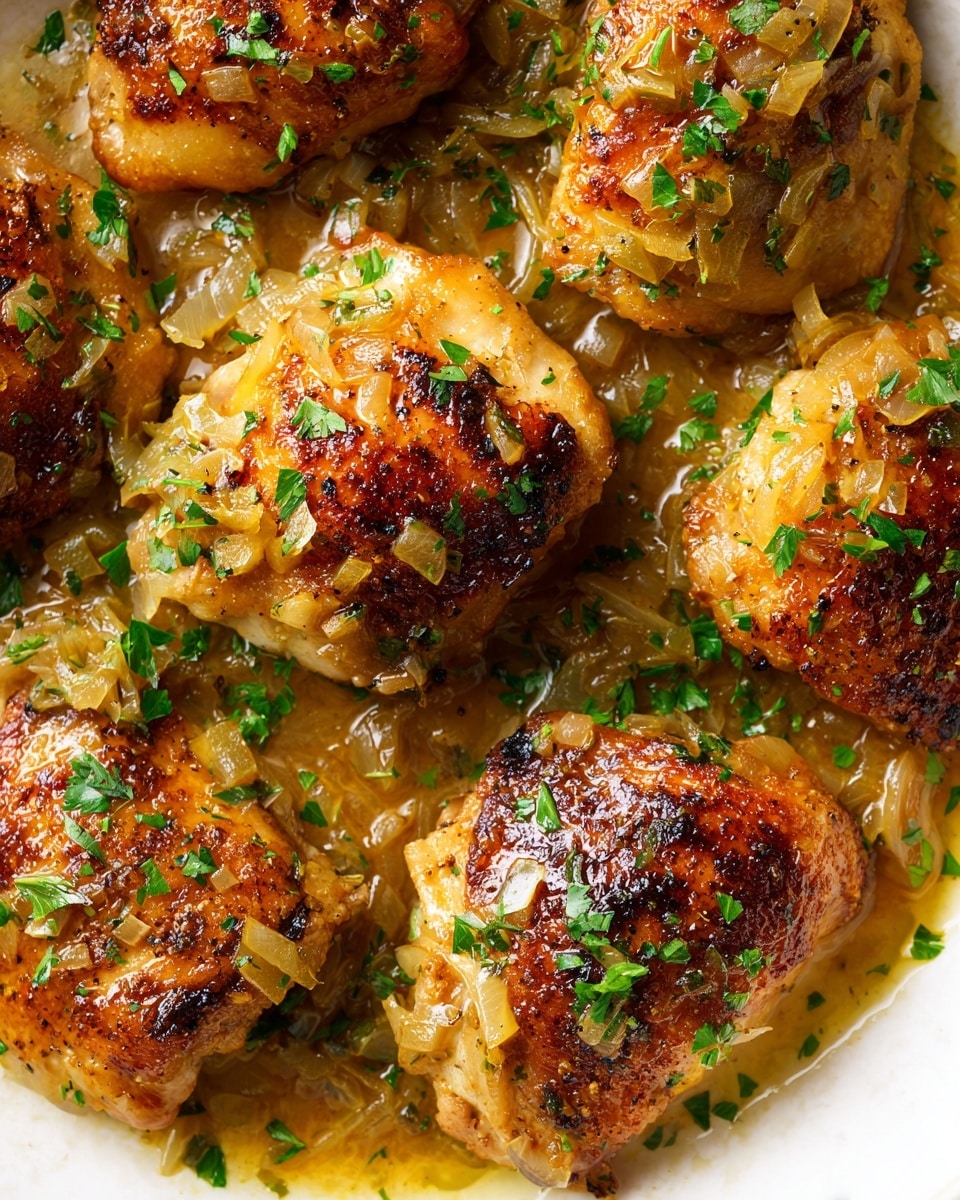 The image shows six roasted pieces of chicken on a white marbled surface, each topped with a layer of cooked onions that are light golden and slightly translucent. The chicken pieces have a crispy, browned texture with some char marks, giving a rich golden-brown color. The chicken rests in a shallow layer of glossy light brown sauce that pools around each piece, adding shine and moisture. Bright green parsley leaves are sprinkled lightly over the chicken and sauce, giving a fresh contrast in color. Photo taken with an iphone --ar 4:5 --v 7