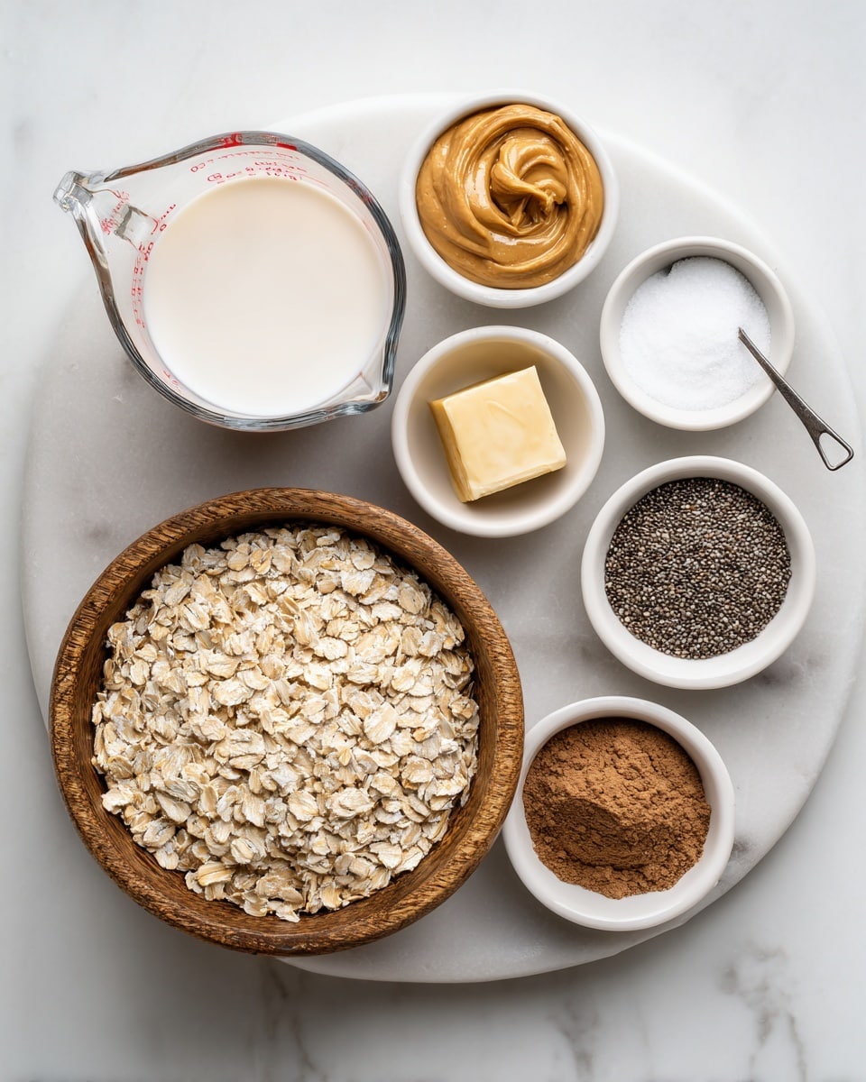 The image shows a white marbled surface with several bowls and a measuring cup holding different ingredients. There is a clear measuring cup filled with milk on the left. Below it is a round wooden bowl filled with old-fashioned oatmeal. Above the oatmeal is a small white bowl with peanut butter, next to it is a small white bowl of vanilla, and next to vanilla is a tiny white bowl with salt. On the right side, a large white plate holds three small white bowls: one with cocoa powder in the middle, one with honey at the bottom right, and a small metal measuring cup with chia seeds at the top right. All items are neatly arranged and clearly labeled with text. photo taken with an iphone --ar 4:5 --v 7