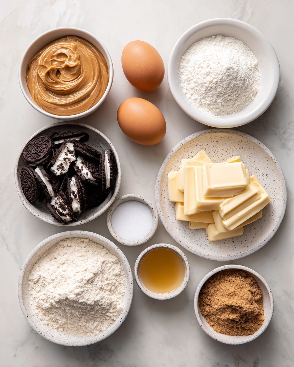 A top-down view of various baking ingredients neatly arranged on a white marbled surface, each in a separate white bowl or plate. Starting from the top left, a bowl filled with smooth, creamy peanut butter in a light brown shade. To the right, a small plate with white leaveners powder. Below the peanut butter, a bowl holds two brown eggs with smooth shells. Next to it on the right is a bowl filled with broken dark Oreo cookie pieces with white cream visible inside. Below the Oreo bowl, a white speckled plate contains several light yellow butter slices stacked loosely. To the right of the butter plate, a small white bowl contains fine white sugar. Below the sugar bowl is a tiny white bowl holding golden vanilla liquid. At the bottom, a white bowl is full of light flour with a powdery texture. Lastly, next to the flour on the right, a white bowl contains light brown soft brown sugar with a crumbly texture. The image has natural soft light with minimal shadows and a clean look. photo taken with an iphone --ar 4:5 --v 7