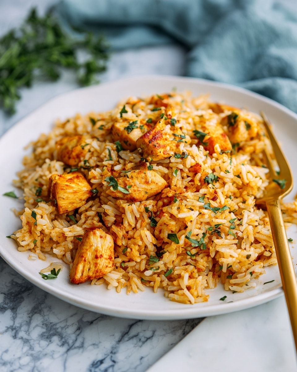 A white plate holds a serving of cooked rice mixed with pieces of light brown cooked chicken, both coated in a slight orange seasoning. The rice grains are loose and slightly shiny, with small flecks of green herbs scattered across the dish. A golden fork rests on the right side of the plate, partly under some rice and chicken pieces, ready to be used. The plate is set on a surface with a white marbled texture, and in the background, there is a soft blue fabric and some green herbs blurred out. Photo taken with an iphone --ar 4:5 --v 7