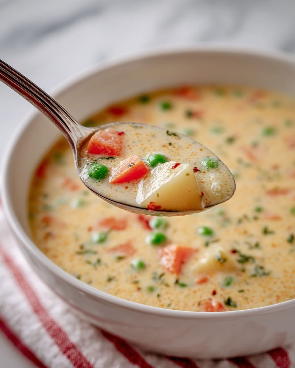 A close-up of a spoon full of thick cream soup showing visible pieces of orange carrot, green peas, and light beige potato chunks, held above a white bowl filled with the same creamy soup that has a smooth, pale beige color; the background features a white marbled surface partially covered with a red and white striped cloth. photo taken with an iphone --ar 4:5 --v 7