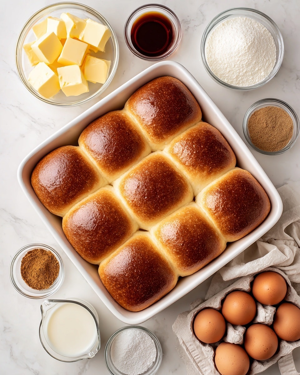 A white baking dish filled with nine golden-brown soft bread rolls arranged in three rows and three columns sits on a white marbled surface. Around the dish, there are several small clear glass bowls and containers holding different ingredients: one with cubes of light yellow butter, one with a dark brown liquid, one with a light brown powder, one with a white powder, one with white granulated sugar, and a small clear bowl with fine brown spices. In the bottom right, four whole brown eggs rest in a white egg carton. In the bottom left, a clear measuring cup contains a white liquid, likely milk. The setup is bright and clean. Photo taken with an iphone --ar 4:5 --v 7