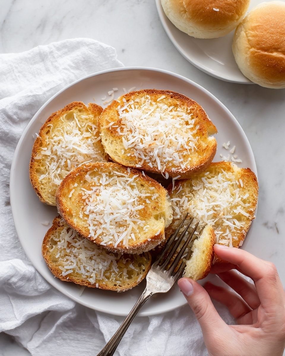 The image shows a white plate filled with golden brown toasted bread slices topped with melted butter and shredded coconut, giving the surface a textured and slightly crispy look. A silver fork rests on the edge of the plate, with one of the bread pieces slightly lifted by the woman's hand. In the background, there is another white plate containing two soft, fluffy bread rolls with a light golden top. The scene is set on a white marbled surface with a white cloth partially visible under the plate. photo taken with an iphone --ar 4:5 --v 7