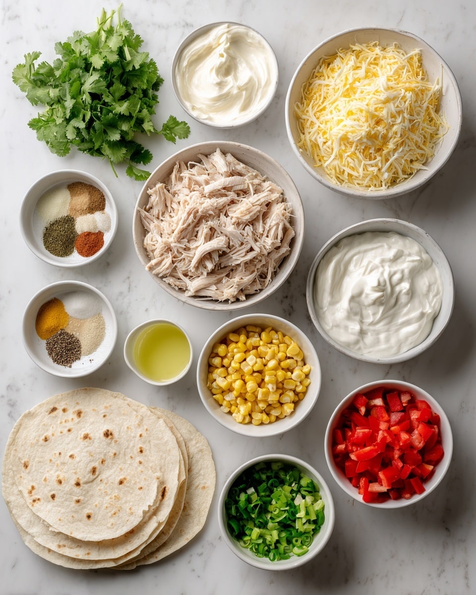 The image shows several small white bowls arranged on a white marbled surface, each containing different ingredients for a recipe. Starting from the top left corner, there is fresh green cilantro with leafy texture, next to it a bowl of smooth white cream cheese. To the right, a larger bowl filled with fine shredded cheese, very light yellow in color. Below the cilantro is a bowl with a mix of spices, arranged in sections with brown, black, and white powders. Beside the spices is a bowl of light yellow oil with a smooth surface. Below the spices and oil, there is a bowl filled with fresh lime zest, bright green and finely grated. A medium-sized bowl contains shredded chicken, pale beige in color with fibrous texture, placed to the right side. Below the lime zest is a bowl of diced red bell peppers, vibrant and glossy. Near the bottom right corner, a small bowl of sour cream with a smooth and creamy white surface. Next to it is chopped green scallions with a fresh texture. On the left bottom side, three white flour tortillas are stacked together, showing faint browned spots. Near the middle left side, a bowl of yellow corn kernels provides a pop of bright yellow color, all placed neatly on the smooth white marbled surface photo taken with an iphone --ar 4:5 --v 7