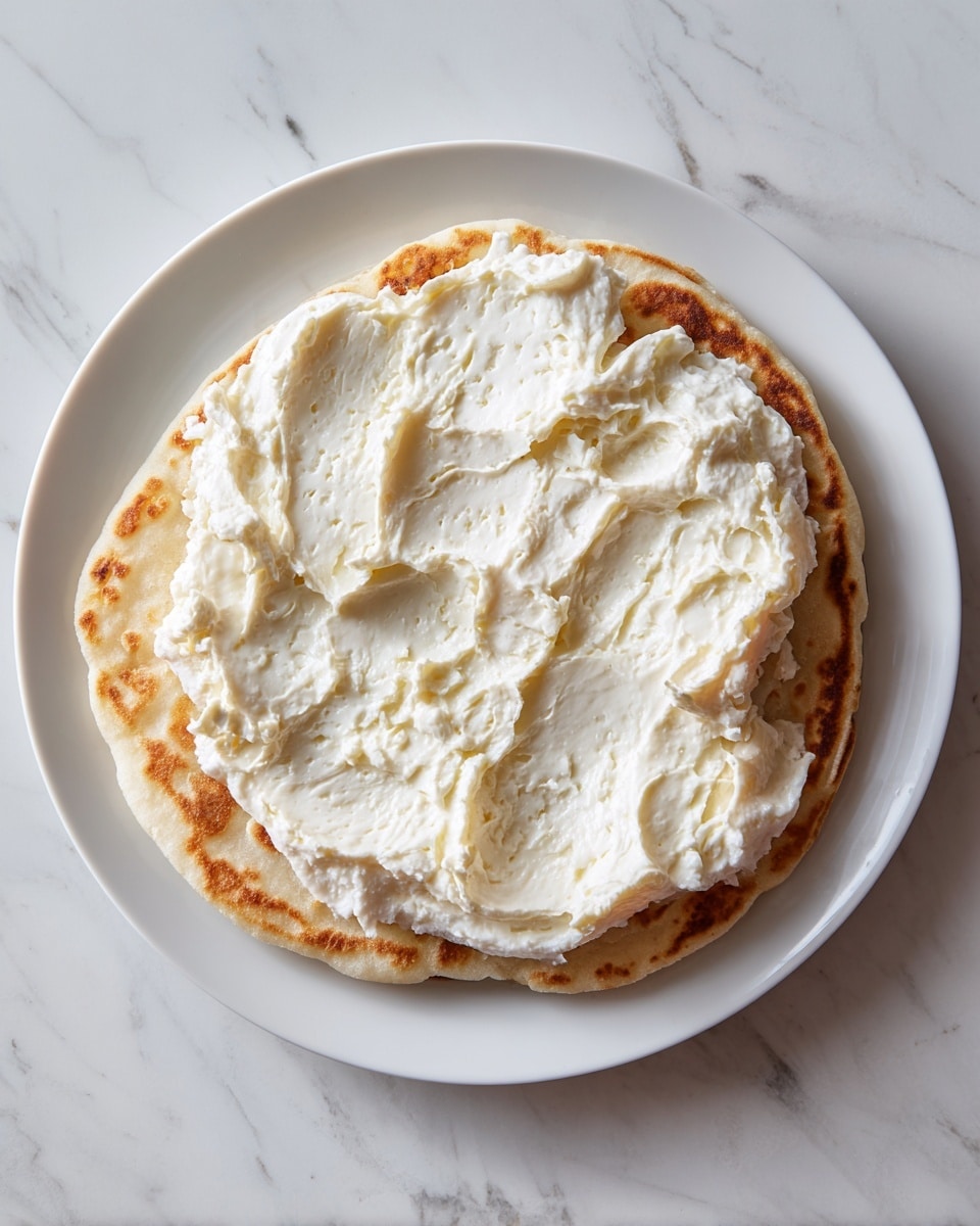 A white plate holds a single round flatbread with a light golden-brown color and a slightly crispy texture. On top of the flatbread is a thick, uneven layer of white creamy spread, covering most of the surface but leaving the edges visible. The plate sits on a white marbled surface. Photo taken with an iphone --ar 4:5 --v 7