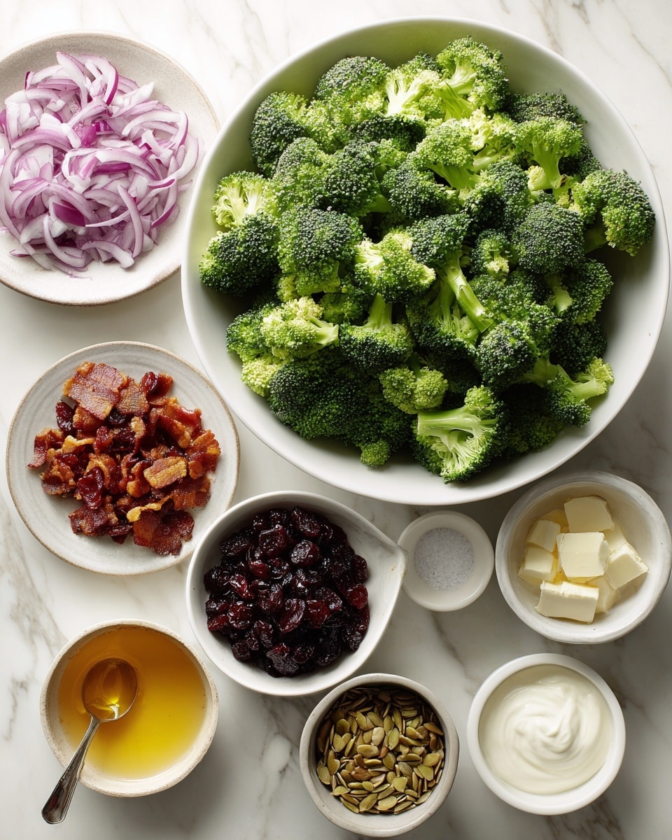 A large white bowl filled with bright green broccoli florets sits at the center on a white marbled surface. Surrounding it are smaller white bowls arranged neatly: crispy brown bacon pieces, creamy white mayonnaise, and a mix of dark red dried cranberries with light brown sunflower seeds. On the left side, there are finely chopped purple and white red onions on a white dish, and a small plate with salt and pepper. Below the broccoli, a bowl holds light golden apple cider vinegar, and to its right, a small white bowl with golden honey and another small bowl with white sour cream complete the scene. The colors and textures stand out clearly with fresh, natural tones. photo taken with an iphone --ar 4:5 --v 7