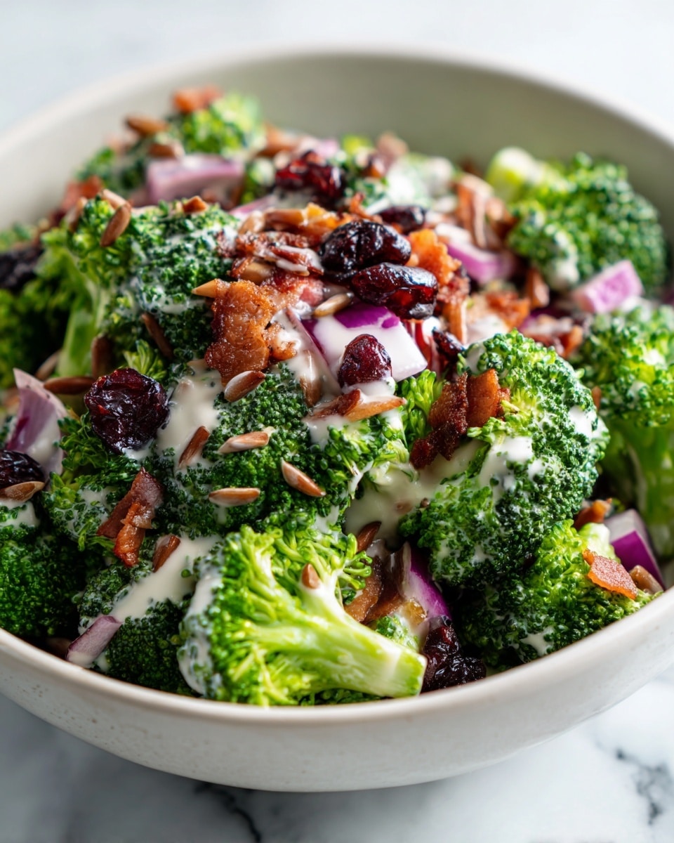 A close-up of a broccoli salad shown in a white bowl on a white marbled surface. The dish has three main layers: the base is bright green broccoli florets with a fresh texture, the middle layer is small pieces of crispy bacon and toasted sunflower seeds scattered evenly, and the top layer includes small cubes of purple-red onion and dark red dried cranberries, all lightly coated with a creamy white dressing drizzled across. Photo taken with an iphone --ar 4:5 --v 7