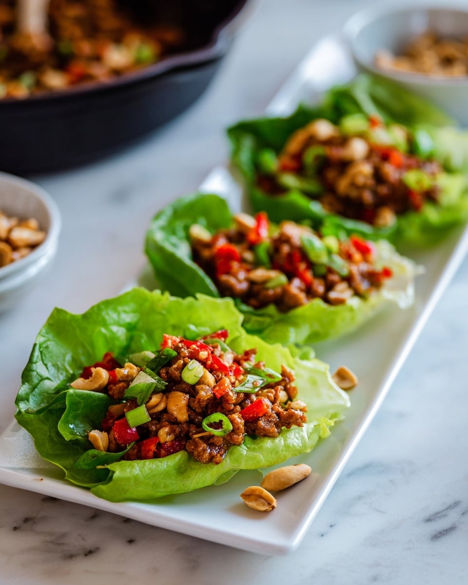 Three butter lettuce leaves lie side by side on a long white plate over a white marbled surface, each leaf forming a cup shape. Inside each leaf is a mix of small brown cooked meat pieces, bright red diced peppers, light brown chopped nuts, and small chunks of green onion, adding pops of color and texture. The lettuce leaves are fresh and bright green with a slightly shiny and crisp texture. Scattered chopped nuts sit around the plate on the surface. In the background, there is a glimpse of a black skillet with more of the meat mixture, and a small bowl with chopped nuts is partially visible on the white marbled surface. photo taken with an iphone --ar 4:5 --v 7