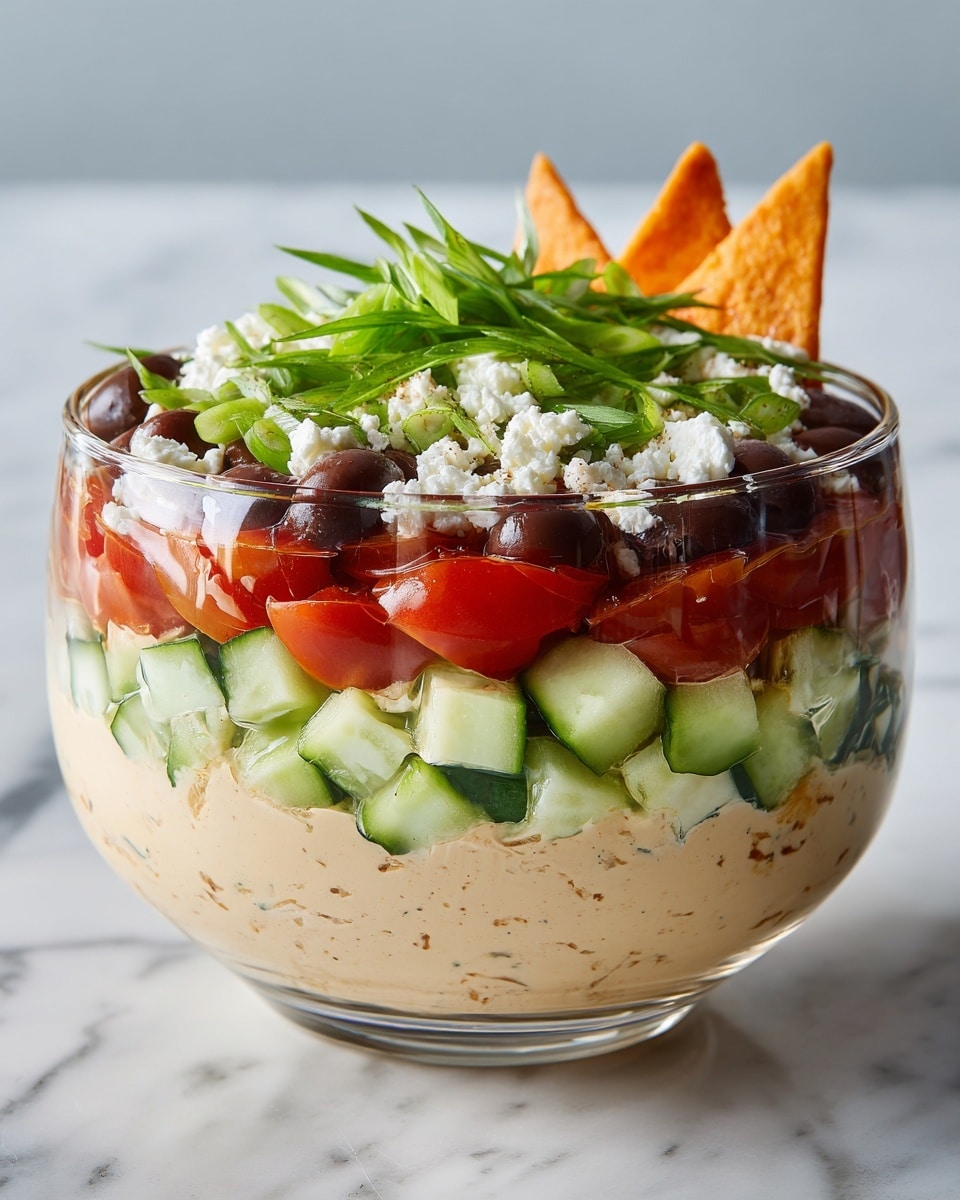 A clear glass bowl shows a layered dip with five layers. At the bottom, there is a creamy beige layer, smooth in texture. Above it is a thick layer of chopped light green cucumbers. The middle layer has bright red sliced tomatoes. On top of the tomatoes, there are black olives and white crumbled cheese, sprinkled with small bright green herbs. The top layer is covered with sliced green onions, some whole and some chopped, adding a fresh look. Two triangular orange chips stand upright on one side of the bowl. The bowl sits on a white marbled surface. Photo taken with an iphone --ar 4:5 --v 7