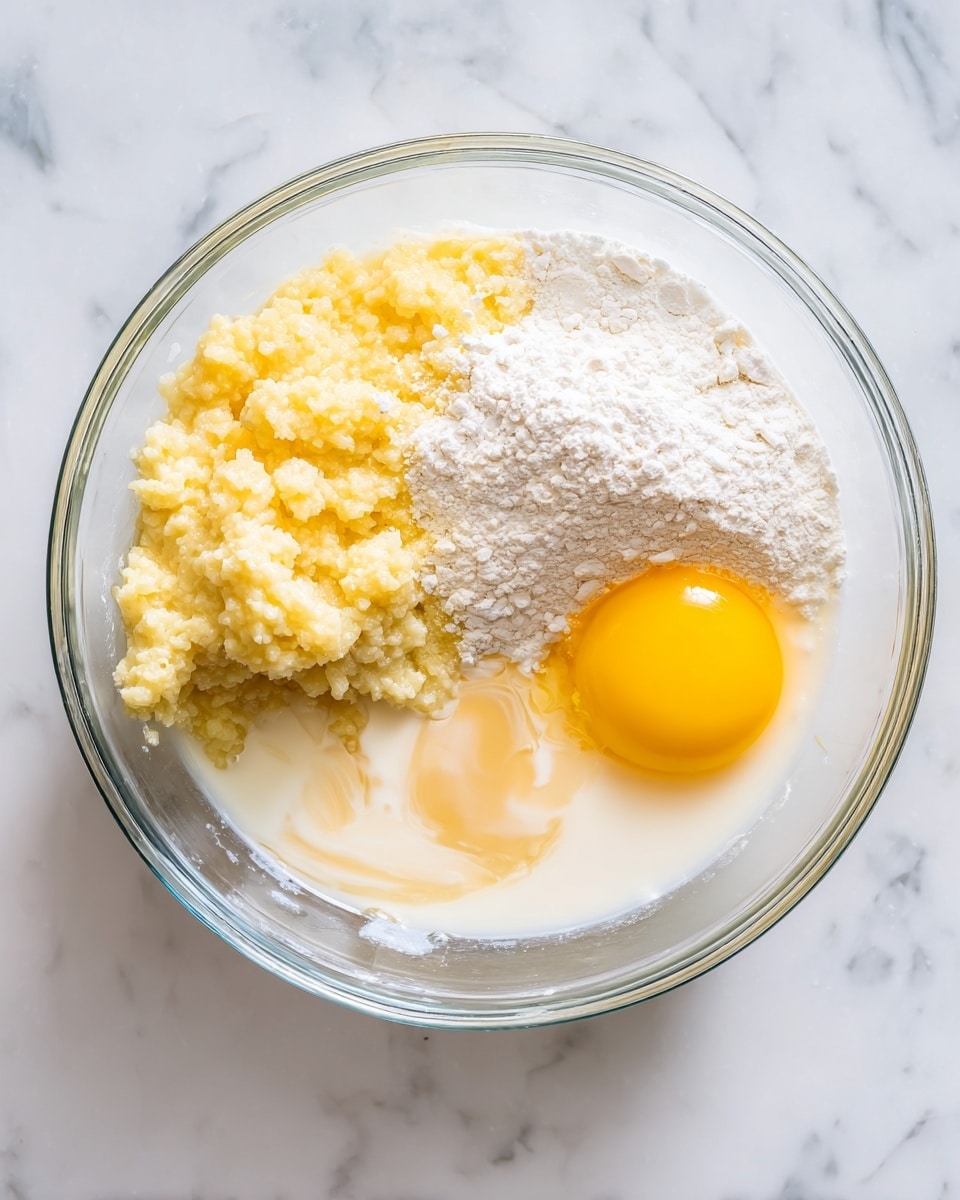 A clear glass bowl is placed on a white marbled surface. Inside the bowl, there are five visible layers: mashed banana with a coarse, creamy texture in the top left, a bright yellow raw egg yolk to the right of the banana, white flour sprinkled lightly over the egg yolk and lower center, white milk partially covering the bottom left side, and a beige liquid, likely vanilla extract, swirling softly in the milk near the center. The layers are separated and not mixed, showing distinct colors and textures. Photo taken with an iphone --ar 4:5 --v 7