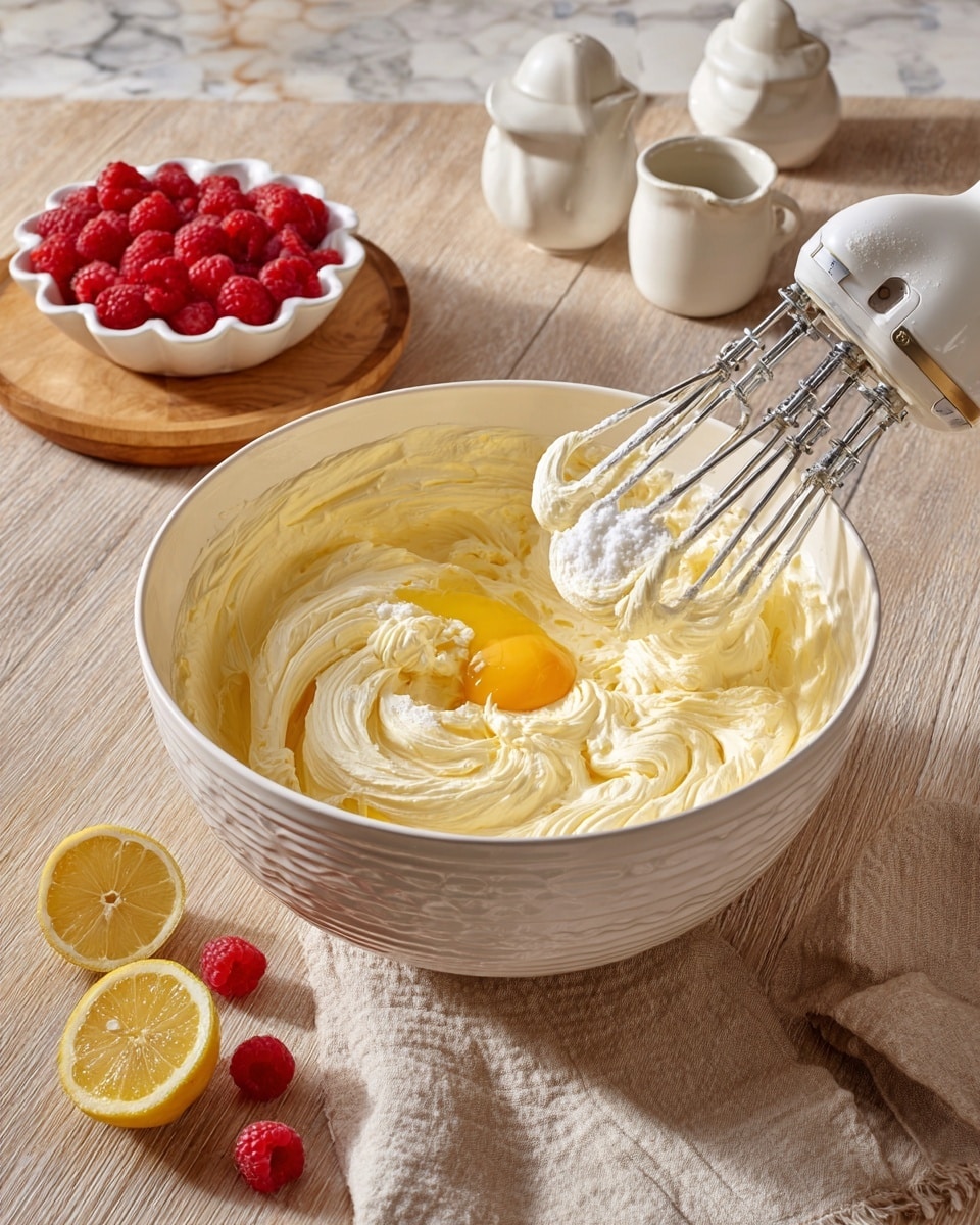 A large white bowl with a textured surface holds a creamy, pale yellow mixture being whipped by a hand mixer with metal beaters in four stages: first, a thick whipped cream layer; second, the same whipped layer with a mound of white granulated sugar on top; third, the whipped mixture mixed with the sugar and a raw yellow egg yolk added in the center; and fourth, the creamy yellow batter combined with the egg yolk and a splash of vanilla extract. The bowl sits on a wooden surface with a white marbled texture, surrounded by a small wooden bowl and a white scalloped dish filled with bright red raspberries, a lemon slice, and two white ceramic containers with lids. A few loose raspberries rest on a beige cloth nearby. Photo taken with an iphone --ar 4:5 --v 7