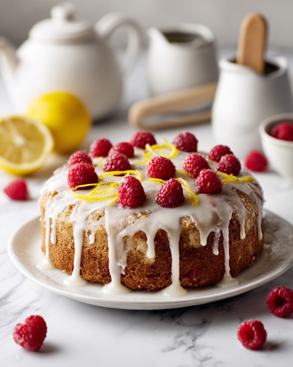 The image shows a round cake on a white plate, placed on a white marbled surface. The cake has a golden-brown crumbly top layer with a drizzle of white icing running down the sides and over the top. Bright red raspberries are scattered on top, along with thin curls of yellow lemon peel. In the background, there are two lemon halves and several raspberries around, with small white ceramic jars and a wooden scoop, all on the white marbled surface. Photo taken with an iphone --ar 4:5 --v 7