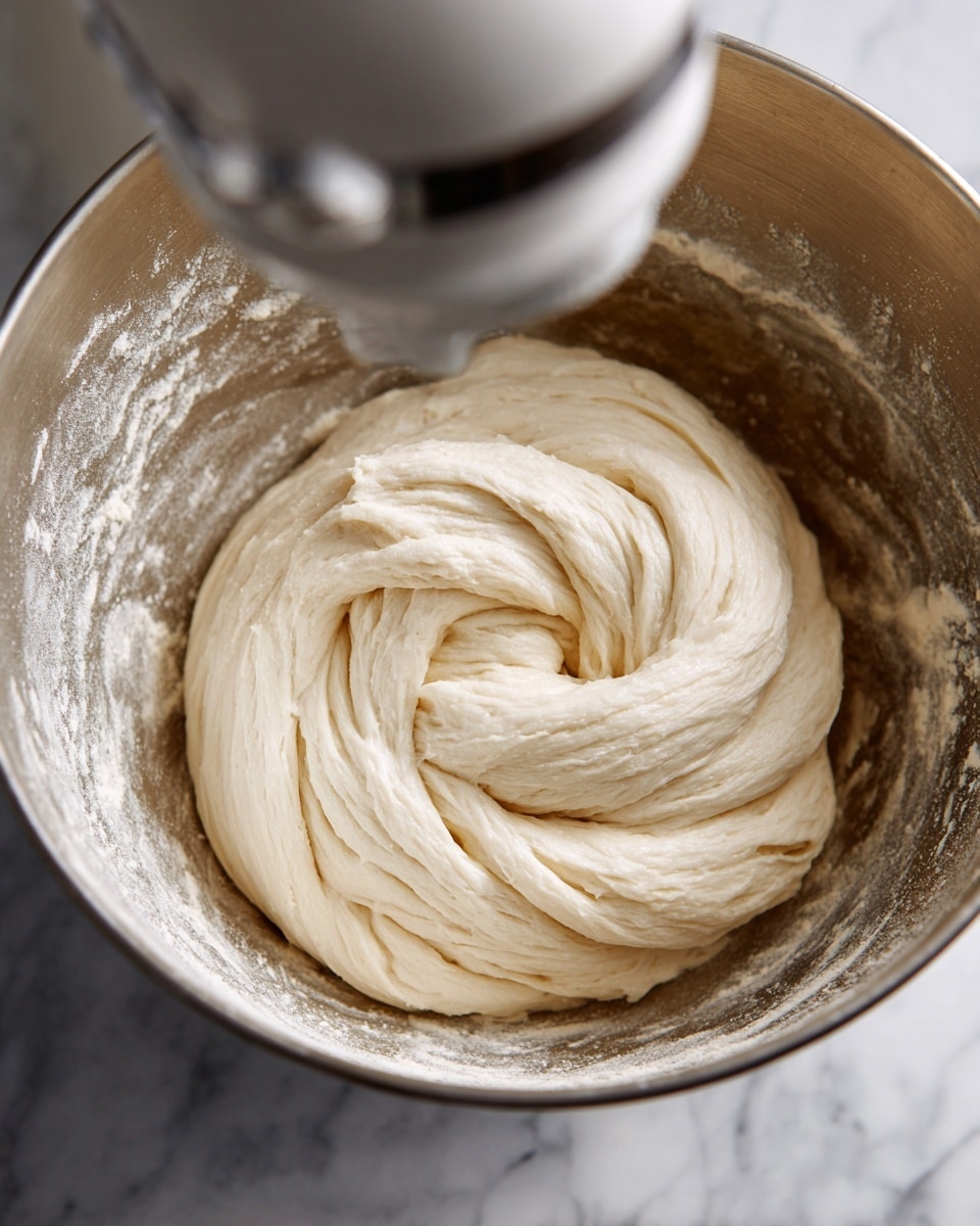 A close-up of soft, pale dough twisted in a spiral shape inside a shiny silver mixing bowl, with some flour dust spread lightly around the bowl’s inner surface. Above the dough, a white mixer paddle attachment is visible, slightly blurred as it is in motion. The dough looks smooth and slightly stretched, showing it is being mixed or kneaded. The background surface is a white marbled texture photo taken with an iphone --ar 4:5 --v 7