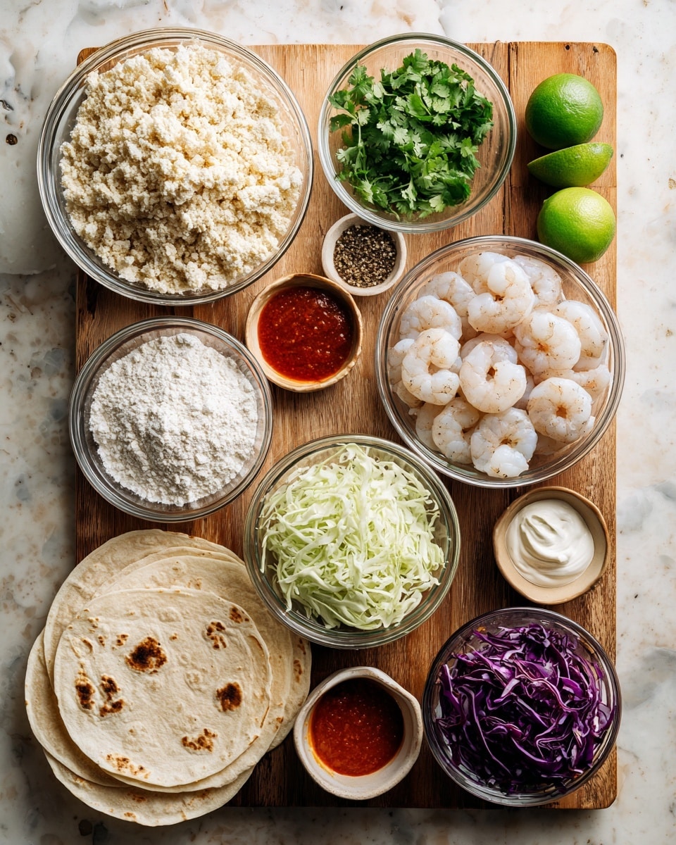 A top view of a wooden table with several small clear glass bowls arranged in a loose cluster, each filled with different ingredients for a meal. The largest bowl on the top left contains light beige panko bread crumbs with a rough texture, just below it is a small bowl of green cilantro leaves. To the right of the crumbs is a large bowl filled with white raw shrimp showing a slight translucent shine. Below the shrimp, a medium bowl holds thinly sliced light green cabbage. In the center, a bowl holds white all-purpose flour, powdery and smooth. Two whole green limes with textured skin sit near the bowls. A small bowl of reddish-orange sriracha sauce is below the limes. Two brown eggs lay near the cilantro bowl. On the lower left, several white flour tortillas with light brown spots are stacked on a wooden cutting board. On the right side below the cabbage, a small bowl shows coarse salt and black pepper mixed. Below this is a bowl of shredded dark purple-red cabbage. Finally, at the bottom right corner, a small bowl of white mayonnaise with a creamy texture is placed. The whole scene rests on a white marbled textured surface. Photo taken with an iphone --ar 4:5 --v 7