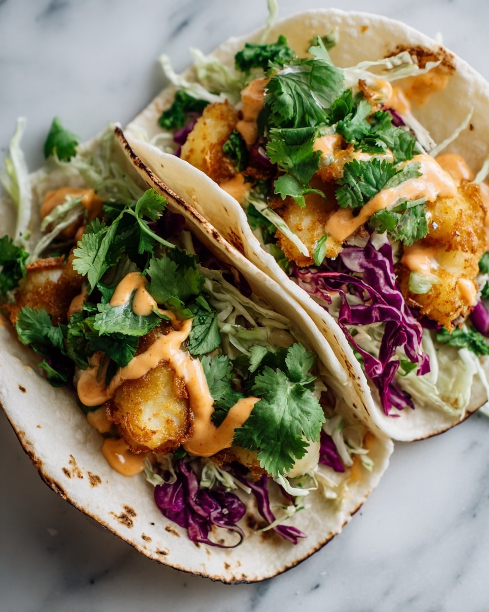 Two tacos are placed on a white marbled surface. Each taco has a soft white tortilla folded with layers inside: shredded green cabbage, small pieces of fried golden-brown fish, purple cabbage bits, fresh green cilantro leaves scattered on top, and a drizzle of light orange creamy sauce over the fish. The close-up view clearly shows the texture of the crispy fish and fresh greens with a slight char on the tortilla edges. Photo taken with an iphone --ar 4:5 --v 7