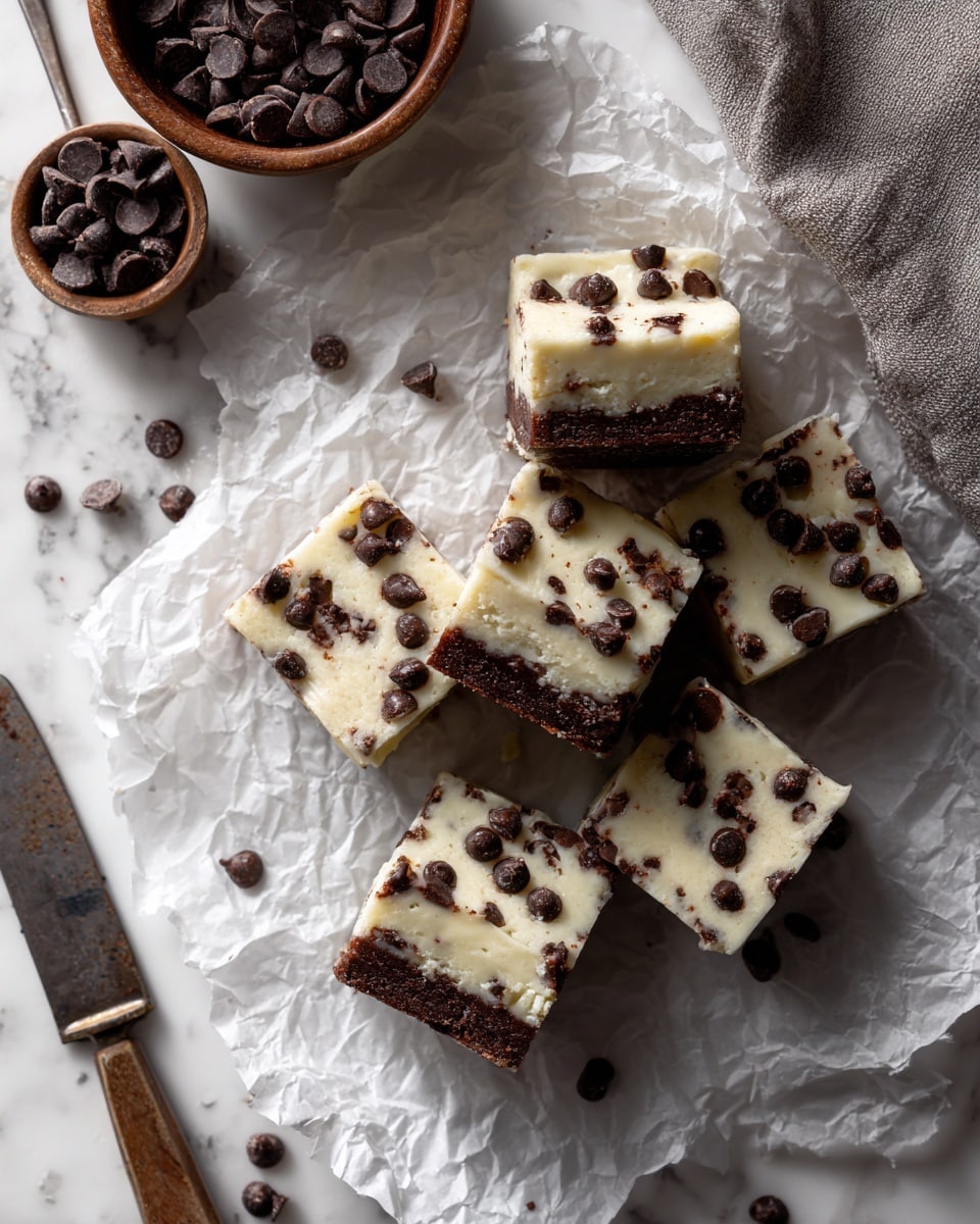 The image shows several square pieces of a two-layer dessert on crinkled white paper. Each piece has a light creamy top layer dotted with many small, dark chocolate chips, and a darker brown bottom layer that looks softer and dense. The pieces are arranged loosely in different directions, with some stacked or laying flat. On the left side, there is an old metal knife resting on a gray cloth next to a small wooden bowl filled with chocolate chips. The background is a white marbled texture. photo taken with an iphone --ar 4:5 --v 7