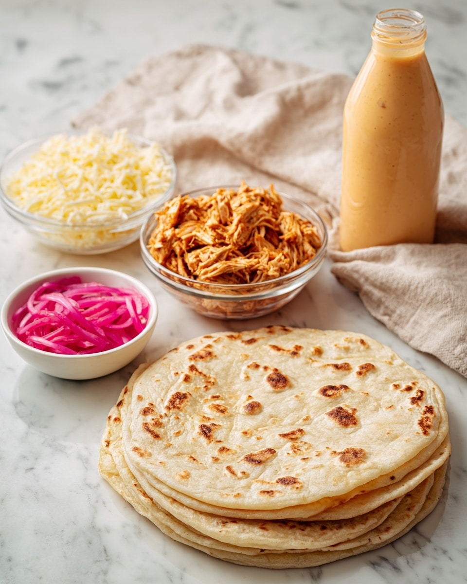 A stack of four 8-inch flour tortillas with light brown spots sits flat on a white marbled surface in the foreground. Above the tortillas are four ingredients arranged in small clear or white bowls: a clear bowl with pale yellow shredded quesadilla cheese on the left, beside it to the right is a clear bowl filled with shredded honey chipotle chicken in rich brown tones, and in front of these is a small white bowl holding pickled red onions with a translucent pink color. Behind these bowls is a plastic squeeze bottle filled halfway with creamy light orange chipotle aioli. In the background, there is a light beige cloth casually draped on the white marbled surface. photo taken with an iphone --ar 4:5 --v 7