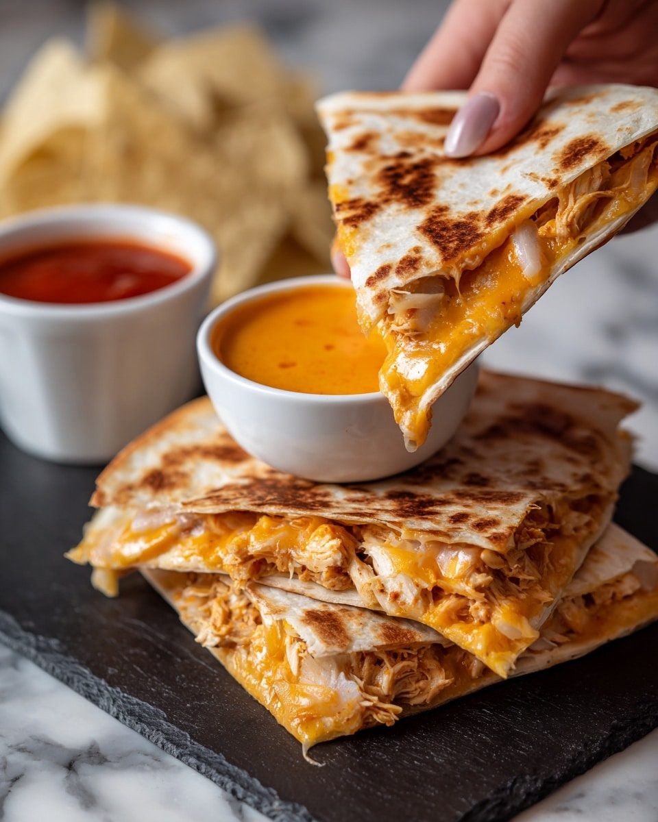 A close-up view of a quesadilla cut into two triangular pieces, stacked with the top piece lifted slightly by a woman's hand dipping it into a small white cup filled with smooth, orange cheese sauce. The quesadilla has a golden brown, grilled tortilla with a soft, melty filling that shows layers of cooked, shredded chicken mixed with melted cheese and small pieces of onion, oozing slightly at the edges. In the background, there is a stack of lightly textured tortilla chips on a dark surface, and a second white cup with a red sauce blurred behind the cheese cup. The entire setup is on a white marbled surface. photo taken with an iphone --ar 4:5 --v 7