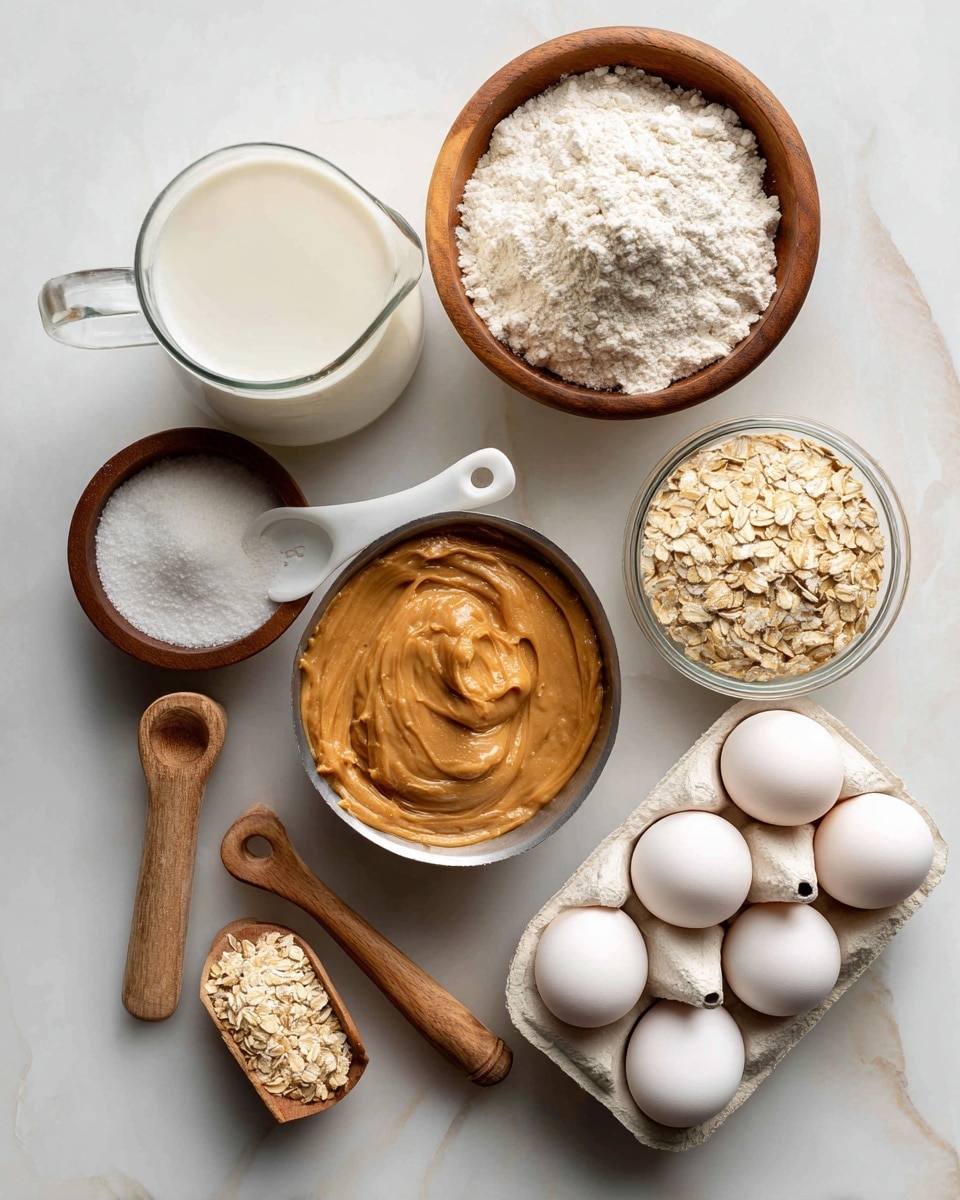 The image shows several baking ingredients arranged on a white marbled surface: a glass jug full of white milk on the top left, a wooden bowl filled with white flour on the top right, a small glass bowl with white salt and a small wooden spoon in it below the milk, a metal measuring cup filled with smooth light brown peanut butter in the center, a white egg carton with two white eggs on the right side, a wooden measuring spoon with white baking powder in the bottom left corner, a wooden bowl filled with white sugar near the bottom left, and a small metal scoop filled with light beige oats just above the sugar bowl. The image is very bright and clean, with clear black text labels on or near each ingredient, and a plastic white 1 cup measuring spoon placed diagonally between peanut butter and the eggs. photo taken with an iphone --ar 4:5 --v 7
