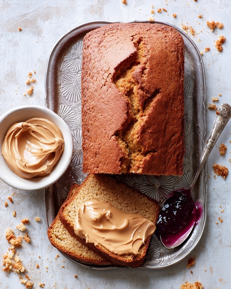 A loaf of golden-brown bread with a cracked top rests on a patterned silver tray, with one thick slice cut and placed below it, showing a soft, crumbly light tan inside. Below the slice, a piece of bread is spread thickly with smooth, creamy peanut butter in a light caramel color. A small white bowl filled with creamy peanut butter sits to the left side of the tray, while a silver spoon with dark purple jam rests on the white marbled surface to the right. The crumbs scattered around add a fresh-baked feel to the scene. Photo taken with an iphone --ar 4:5 --v 7