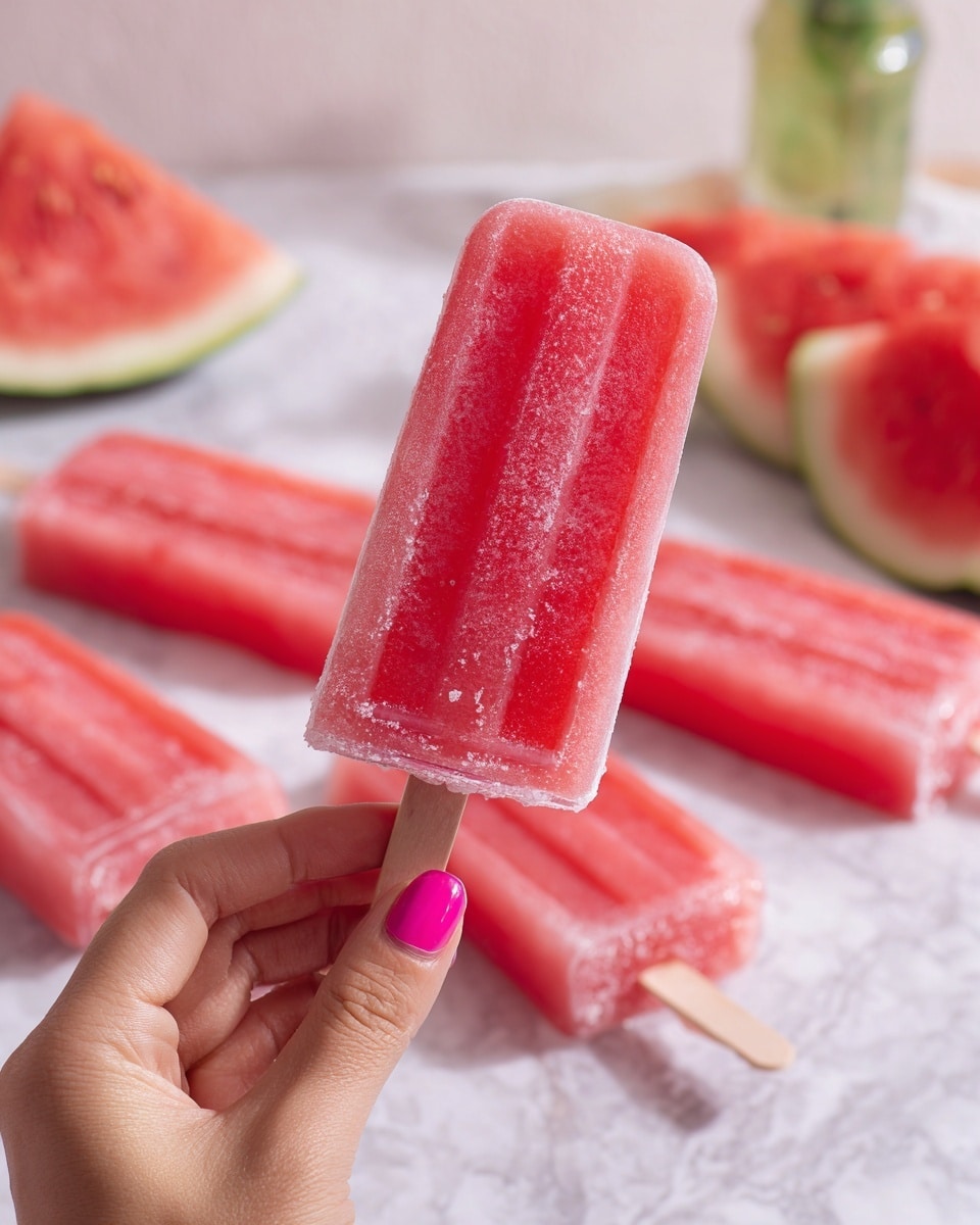 A woman's hand with bright pink nail polish is holding a frozen pink popsicle in a clear plastic sleeve, showing a frosty texture and small ice crystals. The popsicle is a solid bright pink color with some uneven patches of lighter and darker pink. In the background on a white marbled surface, there are more frozen popsicles lying flat, along with slices of fresh watermelon showing pink flesh and green rind. The whole setting is bright and clean with soft natural light, and a blurred bottle with a green cap is visible in the distant background. photo taken with an iphone --ar 4:5 --v 7