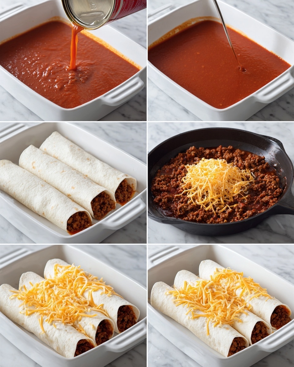 The image shows a cooking process in nine steps. First, a white baking dish is sprayed with oil. Then, a can of red enchilada sauce is poured into the dish, filling it with smooth, bright red sauce. Ground beef is cooked in a black pan until browned, and the bright red sauce is stirred in. Shredded cheddar cheese is added on top of the beef, melting into the mix. The cooked seasoned beef is scooped into a soft white tortilla, which is then rolled and placed in the white baking dish lined with sauce. The rolled tortillas are covered with more red sauce in the dish. Finally, shredded cheddar cheese is sprinkled on top of the sauced tortillas. The background and counter are white marble. Photo taken with an iphone --ar 4:5 --v 7
