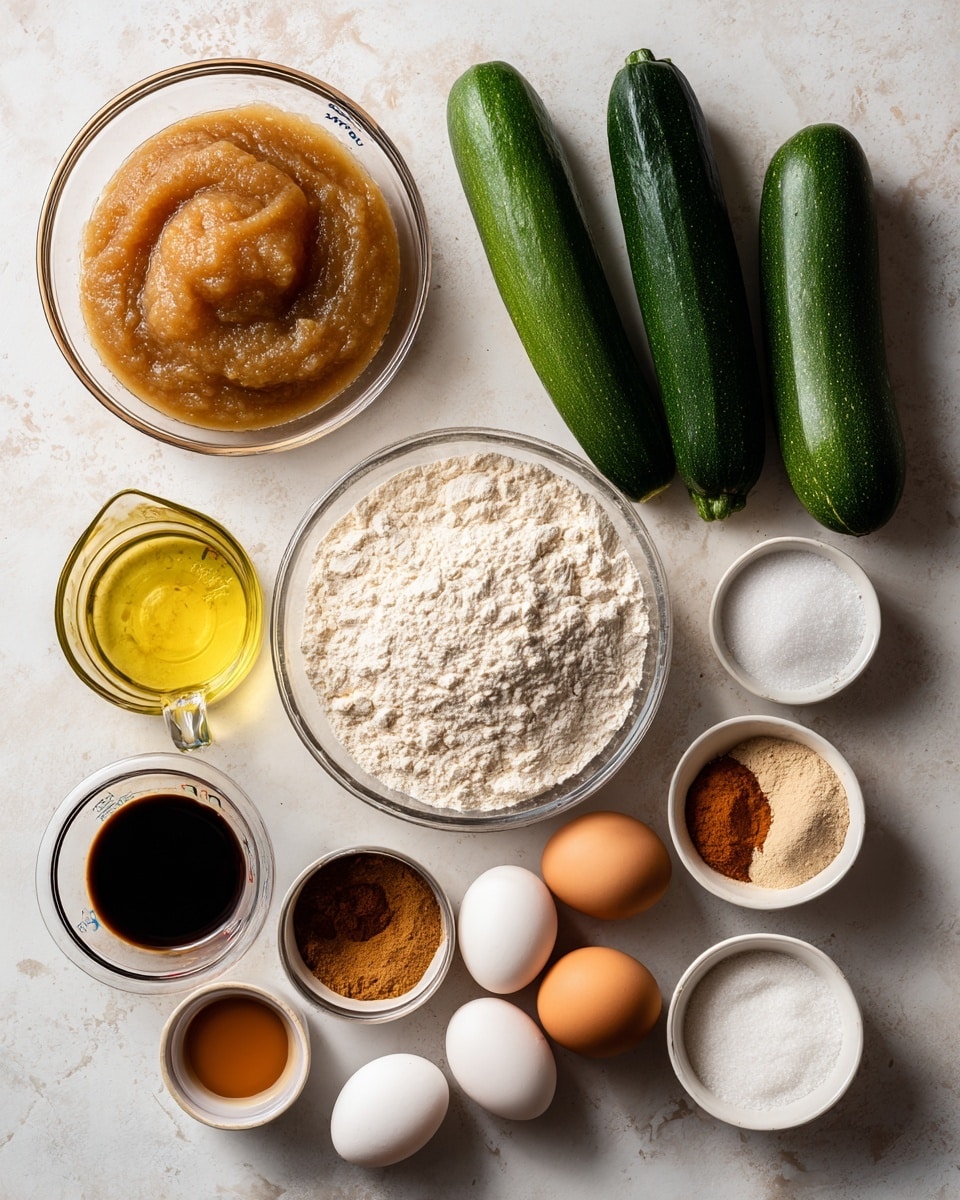 The image shows a top view of several clear glass bowls and whole zucchinis arranged on a white marbled surface. At the top center, there is a bowl filled with light brown applesauce, and to its right, two dark green zucchinis lie side by side. To the left of the applesauce is a measuring cup filled with light yellow oil. Below the applesauce is a large bowl filled with white flour with a slightly uneven texture. Surrounding these main items are smaller bowls: a small bowl of dark brown vanilla extract, another with a mix of brown and orange cinnamon and nutmeg, a clear bowl containing white and brown sugars side by side with some texture differences, a bowl with two whole eggs of different shades, and one small bowl with white baking powder and baking soda. There is also a small bowl of white salt. The items are neatly placed and clearly labeled with black and white text. photo taken with an iphone --ar 4:5 --v 7