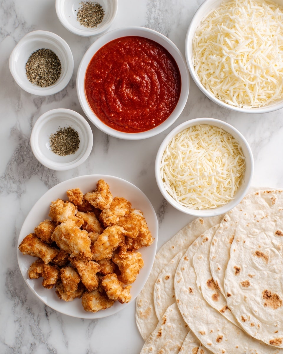 The image shows a top view of several white bowls and plates arranged on a white marbled surface. In the center, there is a white plate full of crispy golden fried chicken chunks. Above it, a white bowl holds bright red marinara sauce with a smooth texture. To the right, a larger white bowl is filled with finely grated pale yellow Parmesan cheese. Below and to the left, a white bowl contains shredded white mozzarella cheese. Near the top left, two small white bowls hold dry seasonings, one with Italian seasoning made of green herbs and the other with black pepper, displaying small dark specks. On the right side, overlapping white tortillas with light brown spots are spread out on the marbled surface. The photo was taken with an iphone --ar 4:5 --v 7