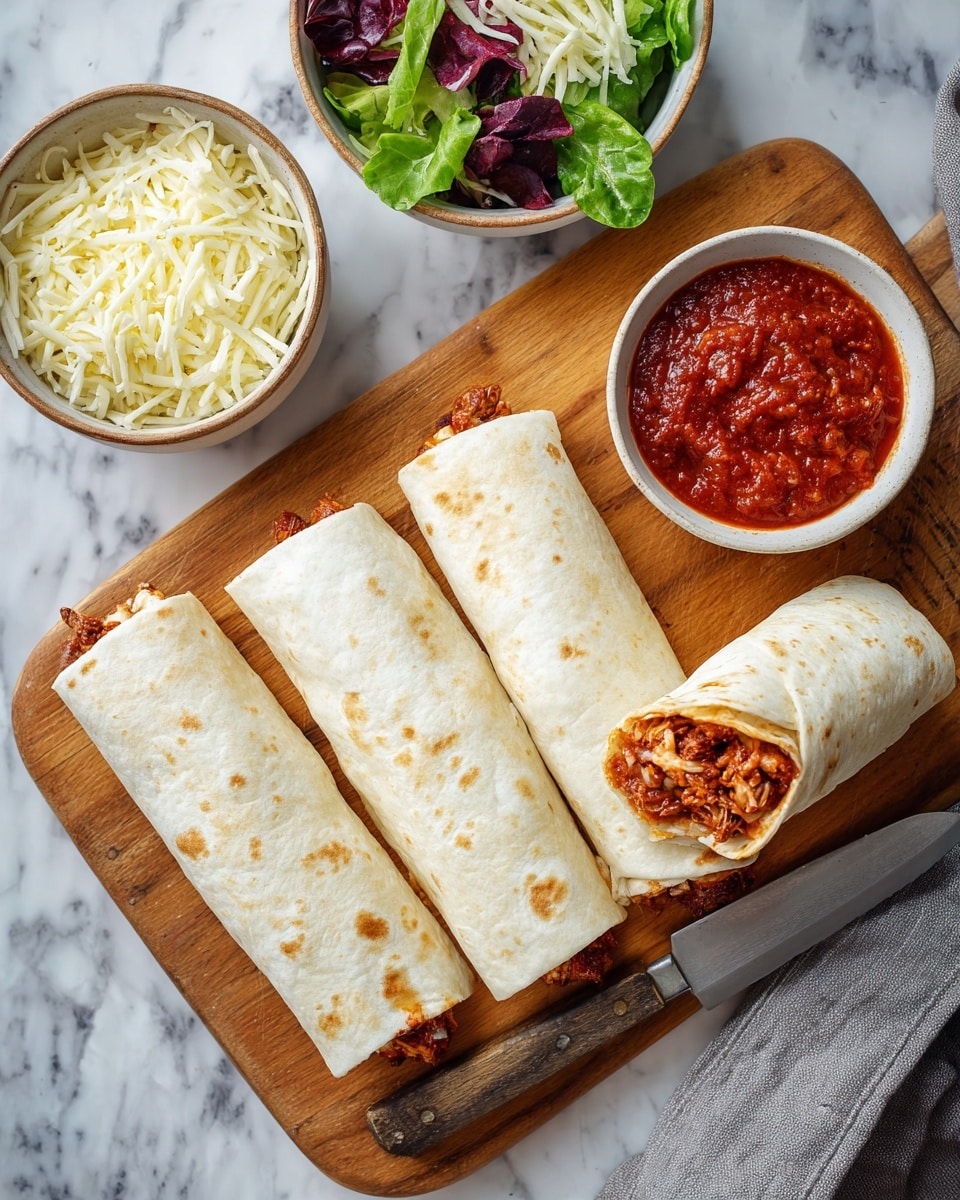 The image shows three rolled burritos with a white tortilla, one of which is cut in half, revealing a filling of reddish-brown shredded meat with chunks of white cheese inside. The burritos rest on a wooden cutting board with a knife nearby, having a silver blade and a wooden handle. Above the burritos is a small bowl filled with thick, red salsa that has a smooth, slightly textured surface. To the left are two bowls, one with shredded white cheese and another with mixed green and purple salad leaves. The whole scene is set on a white marbled surface with a gray cloth visible at the top right corner. photo taken with an iphone --ar 4:5 --v 7