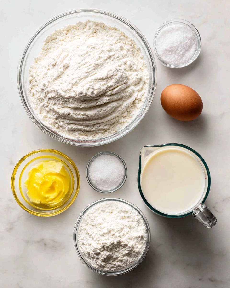The image shows six clear glass bowls and a clear measuring cup arranged on a white marbled surface. In the center, a large bowl contains white all-purpose flour with a smooth surface and slight indentations. To the top right, a small bowl holds one brown egg with a smooth shell. Below it, another small bowl contains bright yellow melted butter looking smooth and shiny. To the left of the flour, a small bowl is filled with white baking powder that looks powdery and soft. Below that, a bowl holds white salt with a crystalline texture. Beneath the salt, a small bowl contains white granulated sugar with fine grains. On the bottom right, a clear measuring cup is filled with light beige milk, creating a smooth liquid surface. All items are neatly spaced with soft natural lighting. Photo taken with an iphone --ar 4:5 --v 7