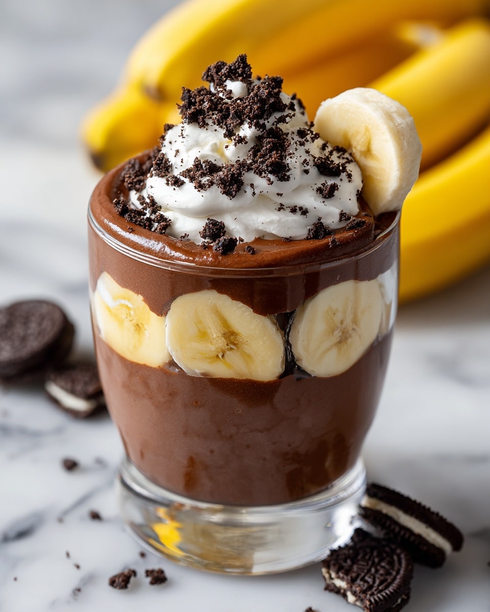 A clear glass holds a dessert with four visible layers: smooth brown chocolate pudding with slices of light yellow banana pressed on the inside of the glass, alternating with thin layers of darker brown sauce. On top is a dollop of white whipped cream sprinkled with crumbled dark chocolate cookies, with a banana slice tucked into the whipped cream near the edge. Pieces of broken chocolate cookie are scattered on the white marbled surface around the glass, with a blurred bunch of yellow bananas in the background. Photo taken with an iphone --ar 4:5 --v 7