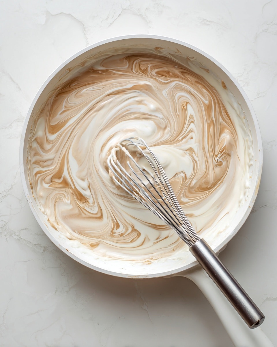 A white metal pan is shown from above, containing a creamy white liquid with light brown swirls mixed throughout. A silver metal whisk with a shiny handle rests inside the pan, touching the mixture. The pan is placed on a white marbled surface, highlighting the soft textures and colors of the creamy mixture and swirls. photo taken with an iphone --ar 4:5 --v 7
