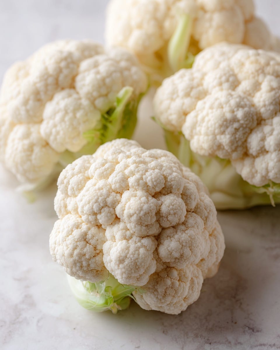A close-up view of several pieces of fresh cauliflower with creamy white, bumpy florets in the foreground. The florets are tightly packed, with thick whitish stems visible beneath. They are placed on a white marbled surface, showing natural texture and small shadows from soft light above. The focus is sharp on the cauliflower’s curvy shapes and details, creating a clean and fresh look. Photo taken with an iphone --ar 4:5 --v 7