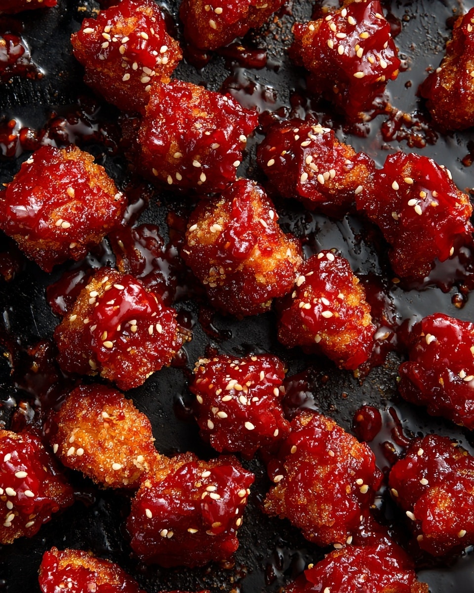 The image shows many small, bite-sized pieces of fried food with a thick, shiny red sauce covering them. The pieces have a rough, bumpy texture and are sprinkled with white sesame seeds. They are spread out unevenly on a dark baking tray with some oily spots around them. The colors are mainly bright red from the sauce and a light golden brown from the fried coating under the sauce. photo taken with an iphone --ar 4:5 --v 7
