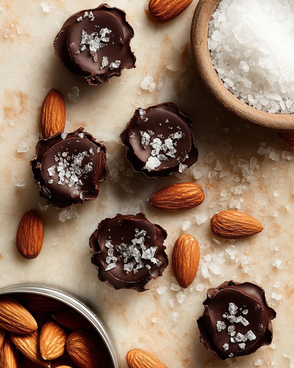 The image shows several small clusters of dark chocolate with whole almonds inside, arranged scattered on a light brown surface. The chocolate pieces have a smooth, shiny texture with irregular shapes, highlighting the almonds embedded in them. Small flakes of sea salt are sprinkled over the top of each chocolate cluster, adding a contrast of white against the dark chocolate. To the right, there is a round bowl filled with coarse white salt grains. In the bottom left corner, a metal container holds more whole almonds. The background is a white marbled texture. photo taken with an iphone --ar 4:5 --v 7