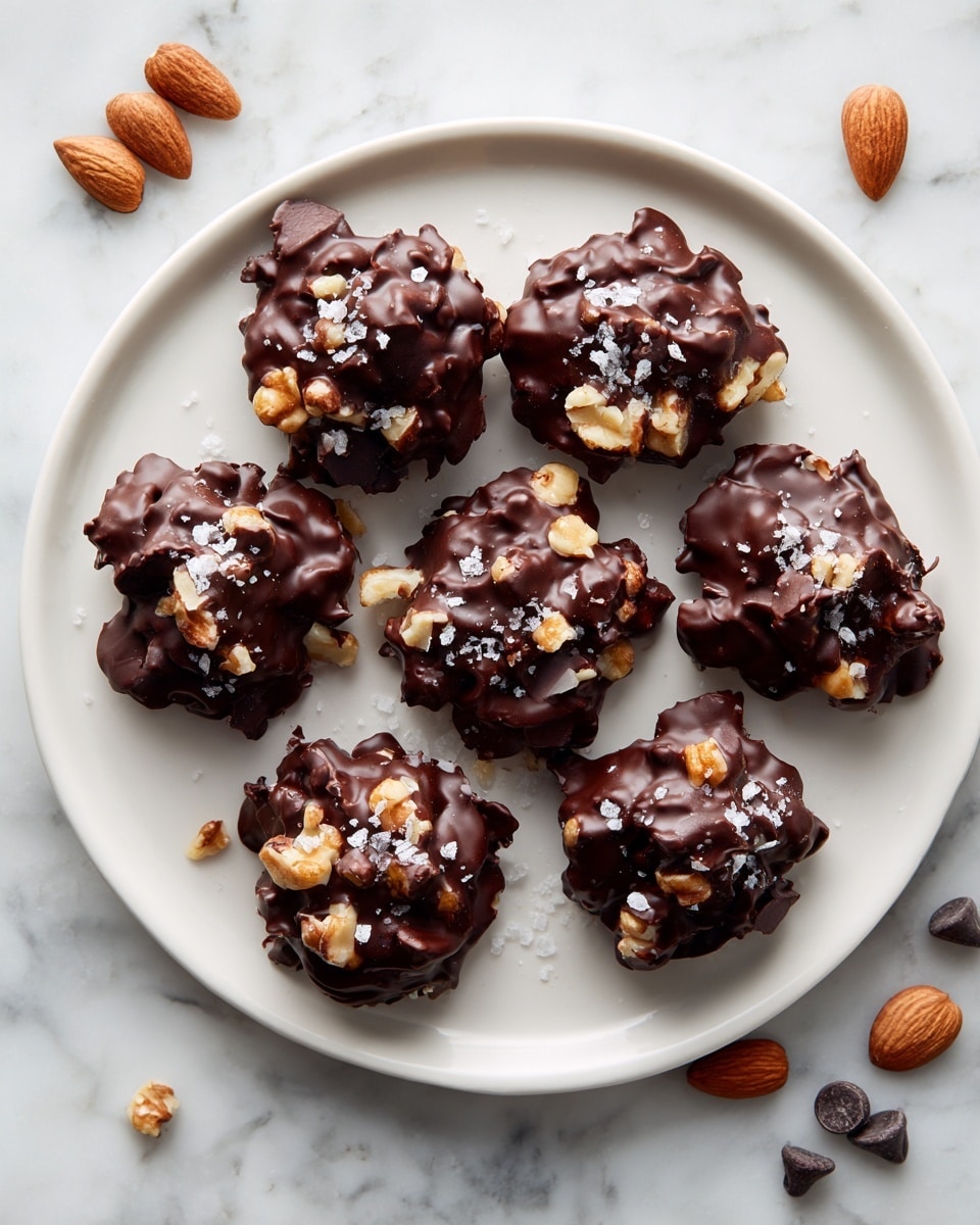A white plate holds eight small clusters of dark chocolate-covered nuts. Each cluster has a rough, uneven shape with visible golden-brown nut pieces sticking out under and on top of a shiny, thick layer of dark chocolate. A few clusters are sprinkled with coarse salt flakes that add texture and a slight sparkle. Around the plate, small loose nuts and a few chocolate chips are scattered on a white marbled surface. The overall look is rich and crunchy with a dark and light brown mix under the chocolate coating photo taken with an iphone --ar 4:5 --v 7