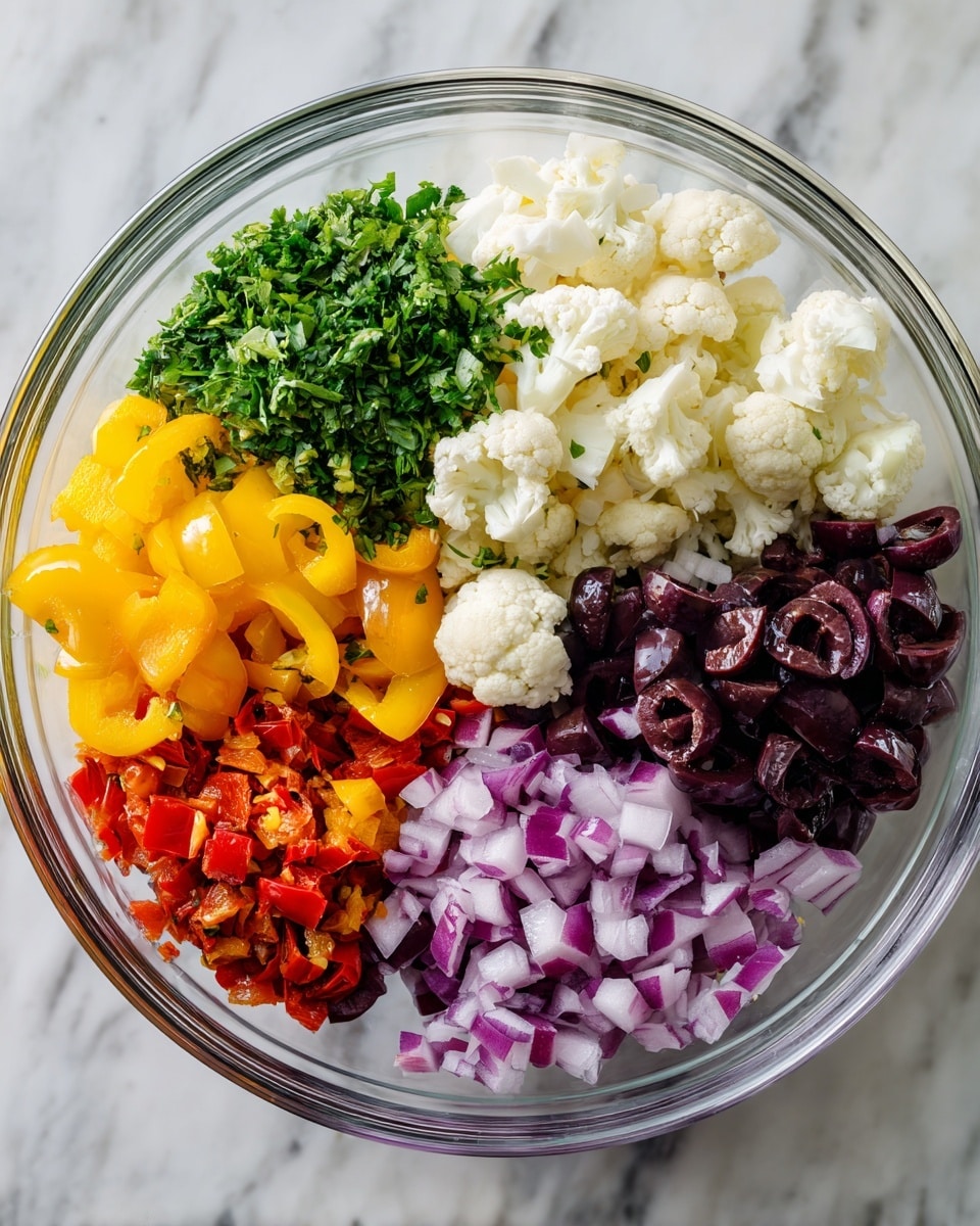 A clear glass bowl holds six groups of chopped ingredients neatly placed in sections. Starting from the top left, there is a pile of finely chopped green herbs with a fresh, leafy texture. Next to it, on the right, are small white cauliflower florets mixed with diced white onions. To the right, there is a cluster of sliced black olives with a glossy, dark purple-black color. Below the olives, bright yellow pepper rings form a bright and textured pile. On the bottom left, a mix of red and orange roasted pepper pieces shows off a slightly shiny and uneven texture. Finally, spread in the center and around the bowl's base are chopped purple onions with a crisp look. The background is a white marbled surface. Photo taken with an iphone --ar 4:5 --v 7